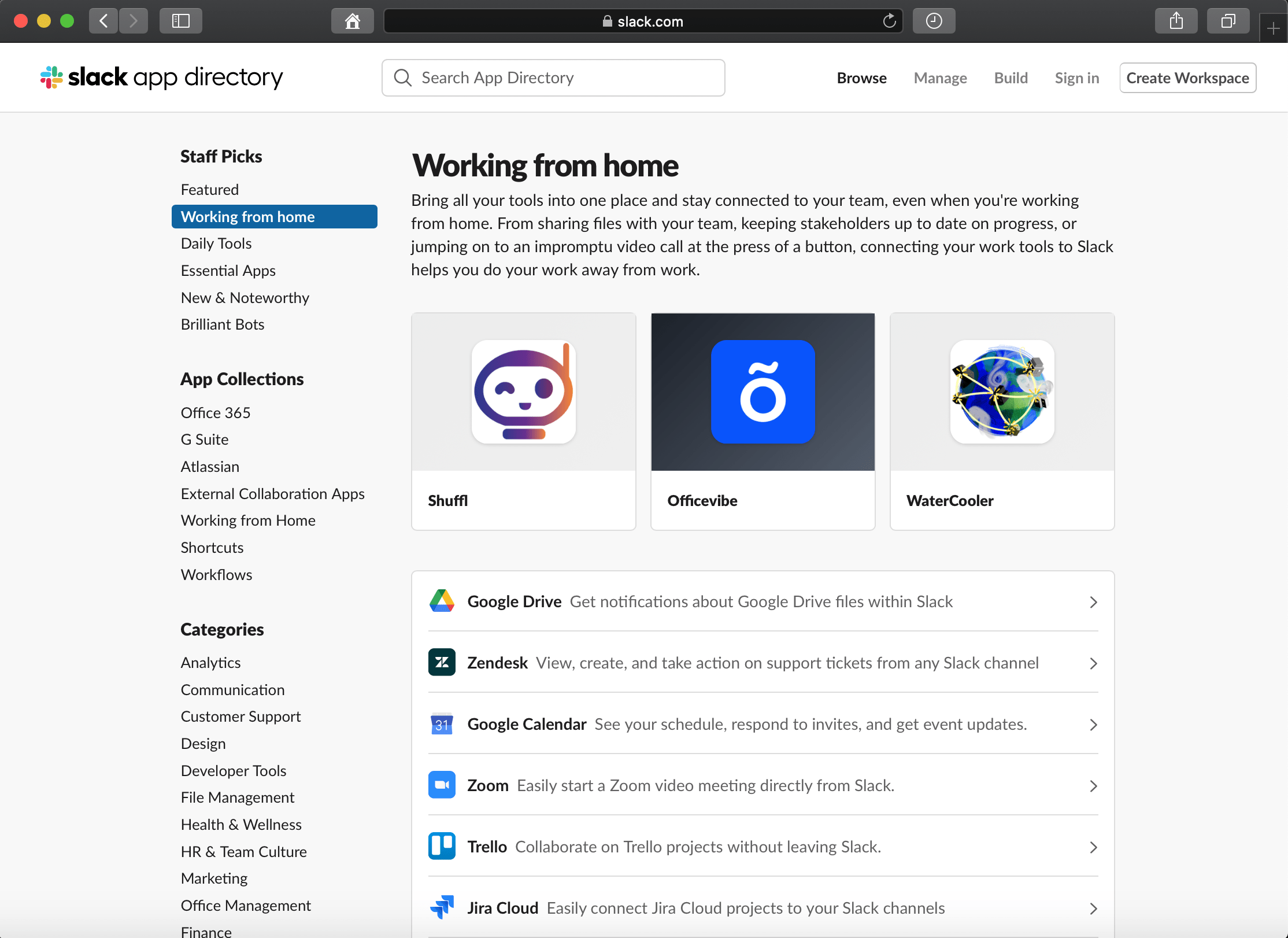 Slack App Directory “Working from home” staff-pick page with Shuffl shown first among the featured apps, next to Officevibe and WaterCooler.