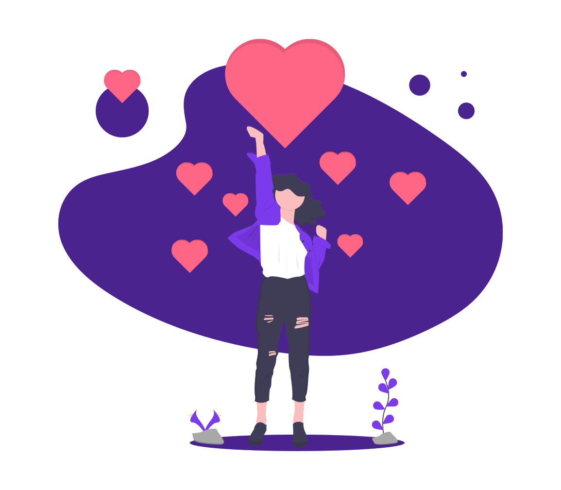 Illustration of a woman raising her hand toward a large red heart, surrounded by smaller hearts on a purple shape.
