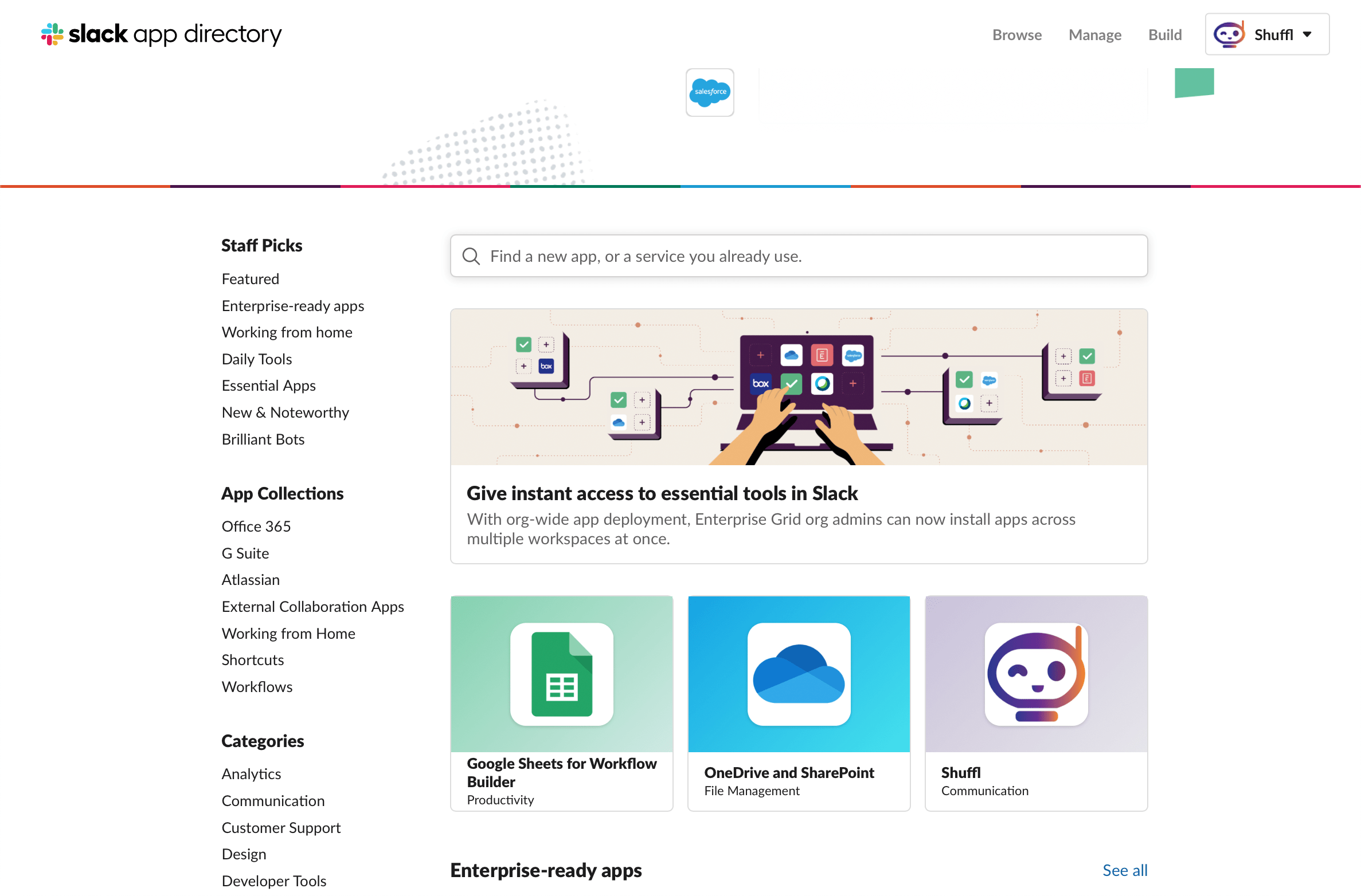 Slack App Directory home page with Shuffl featured alongside Google Sheets for Workflow Builder and OneDrive and SharePoint.
