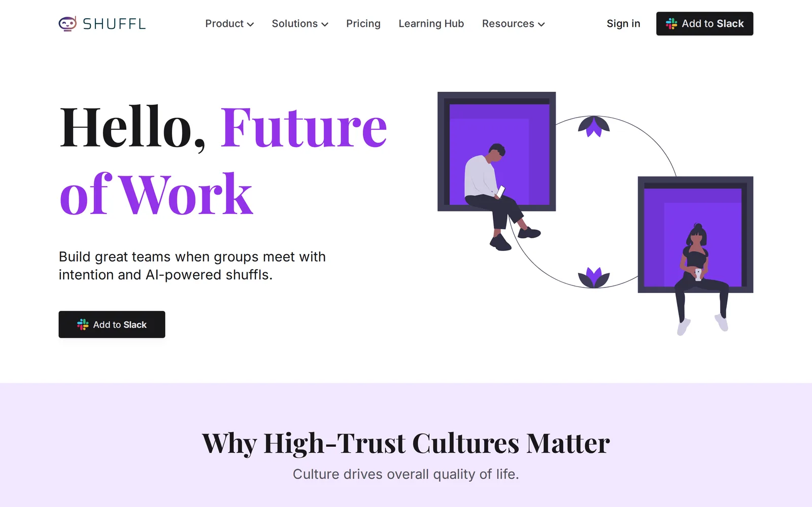 The old shuffl.ai homepage: a purple “Hello, Future of Work” headline, an illustration of two people in window frames and an Add to Slack button