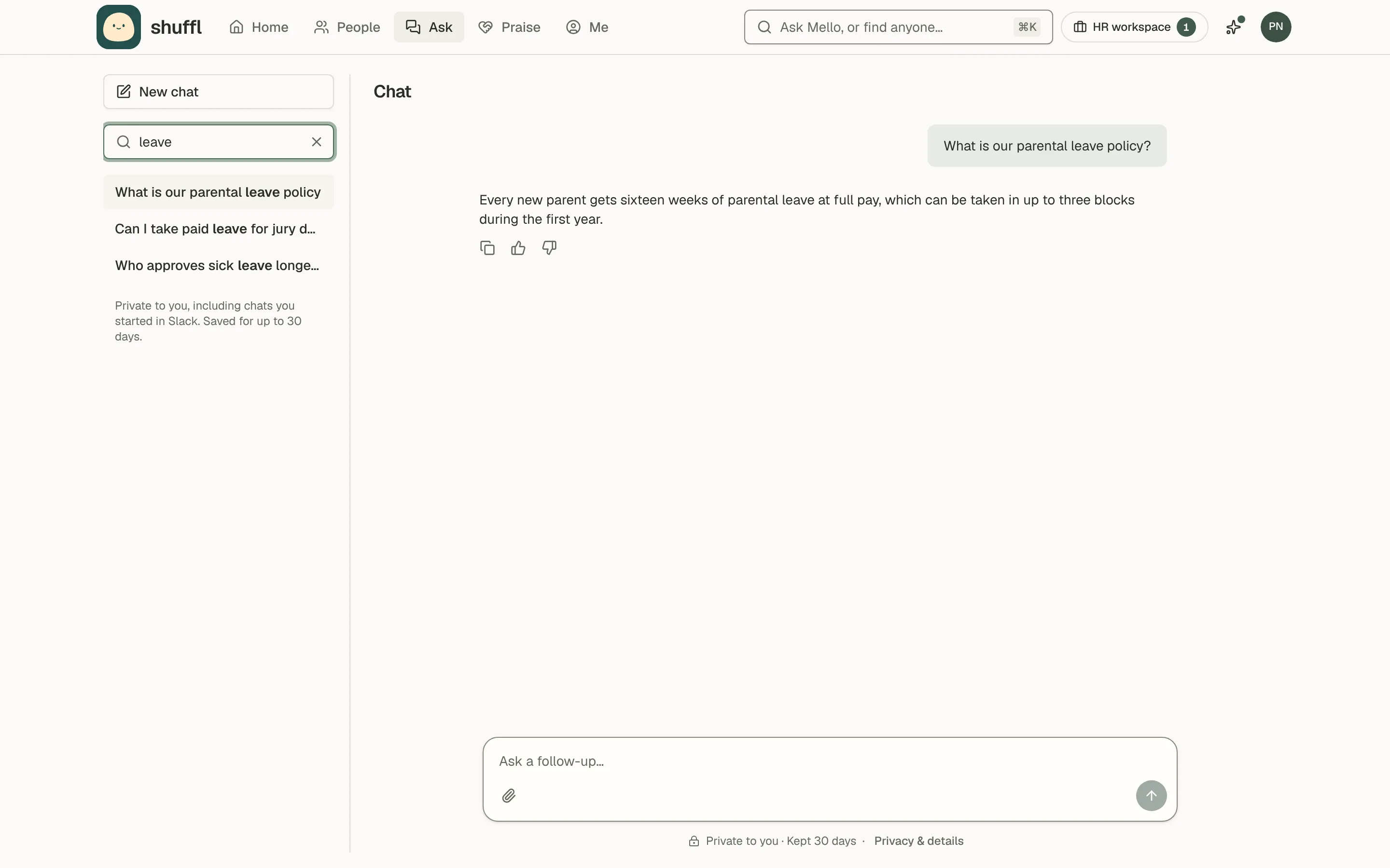 Chat history search with matching past conversations