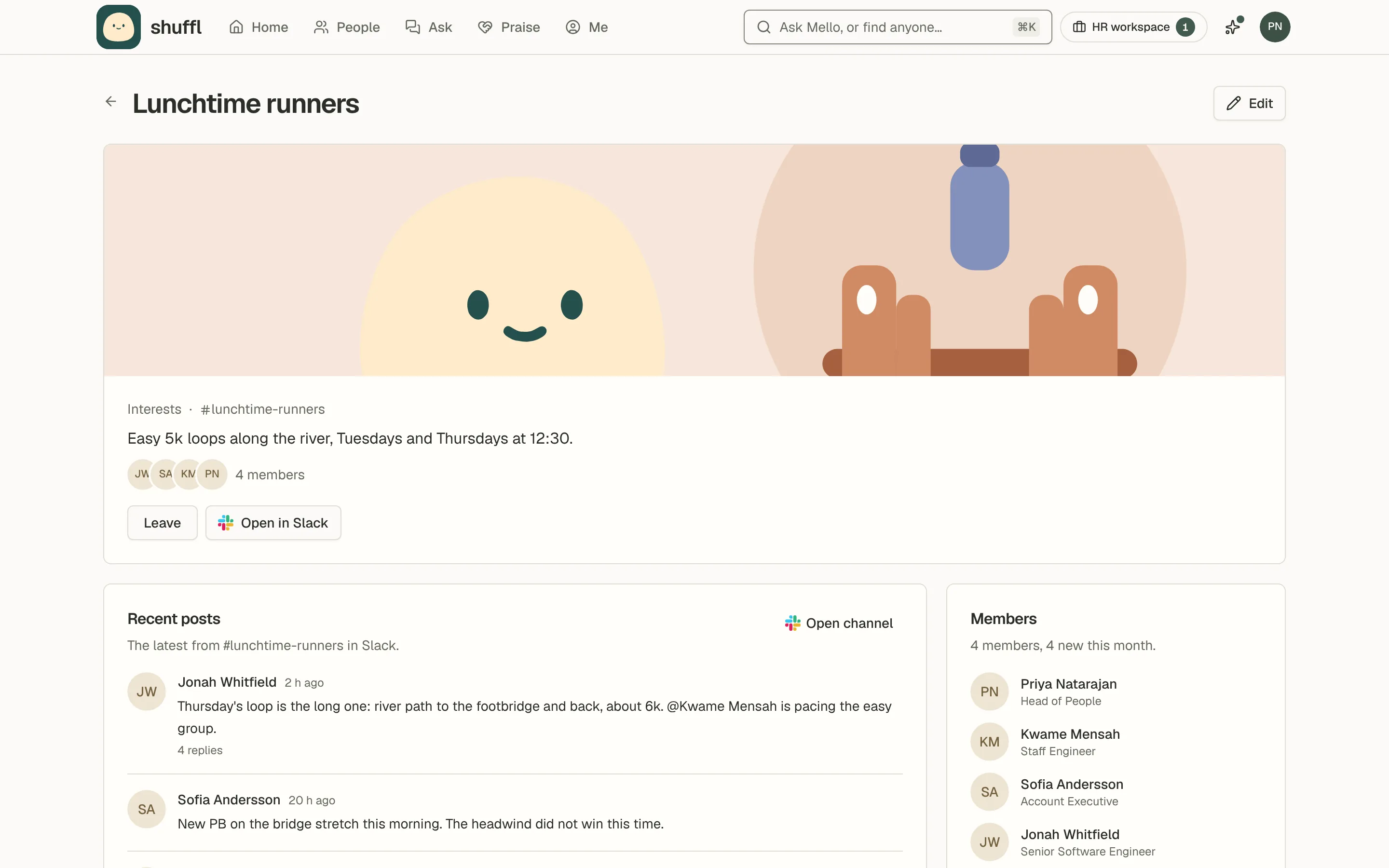 The Lunchtime runners community page with recent Slack posts and members