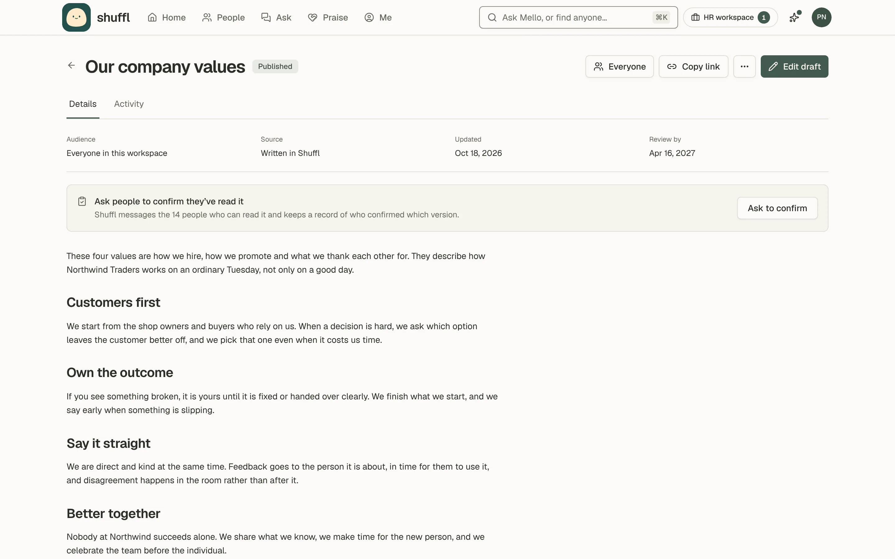 The company values page in Knowledge with four written values