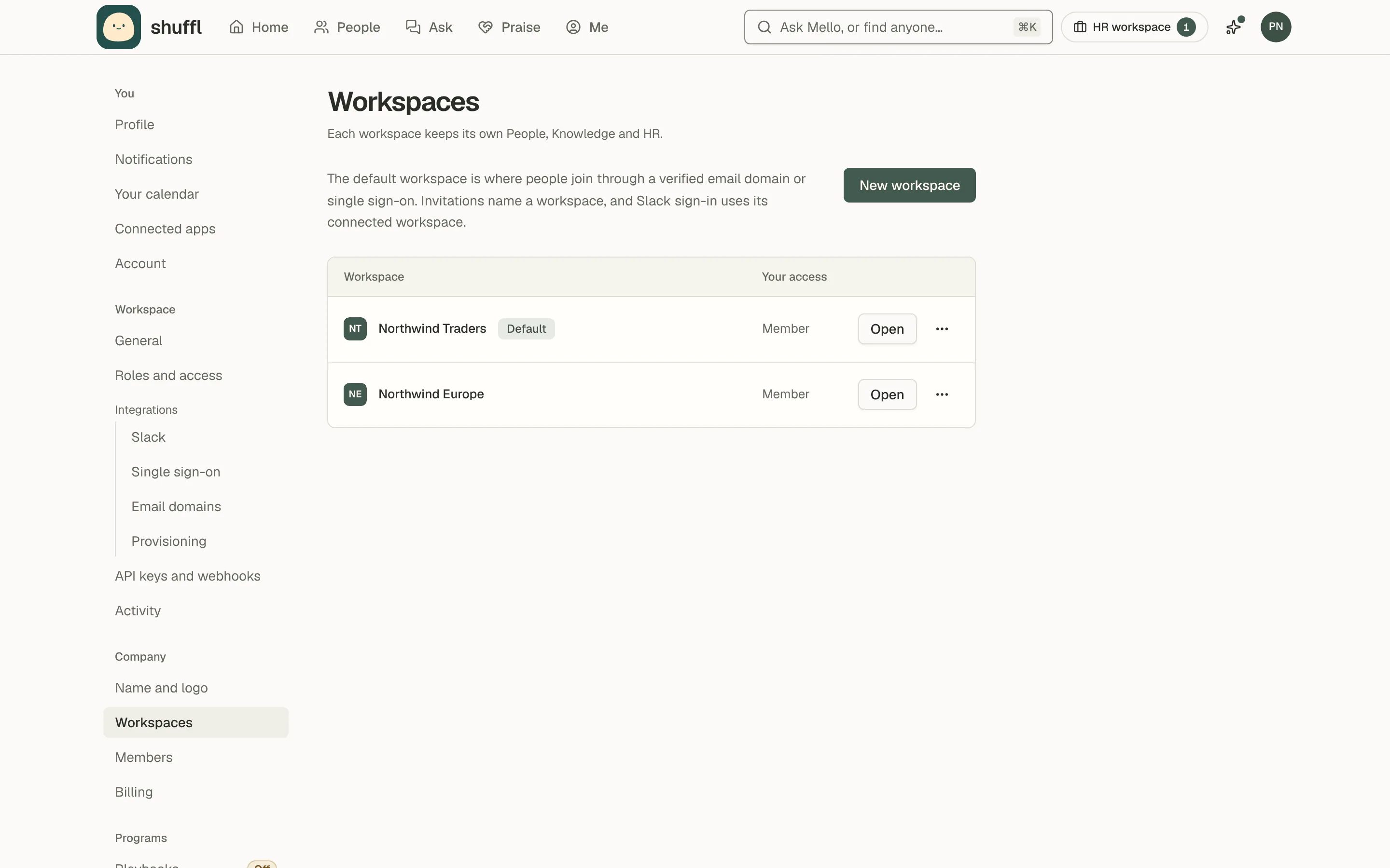 Northwind Traders Company settings showing two workspaces and the default workspace badge