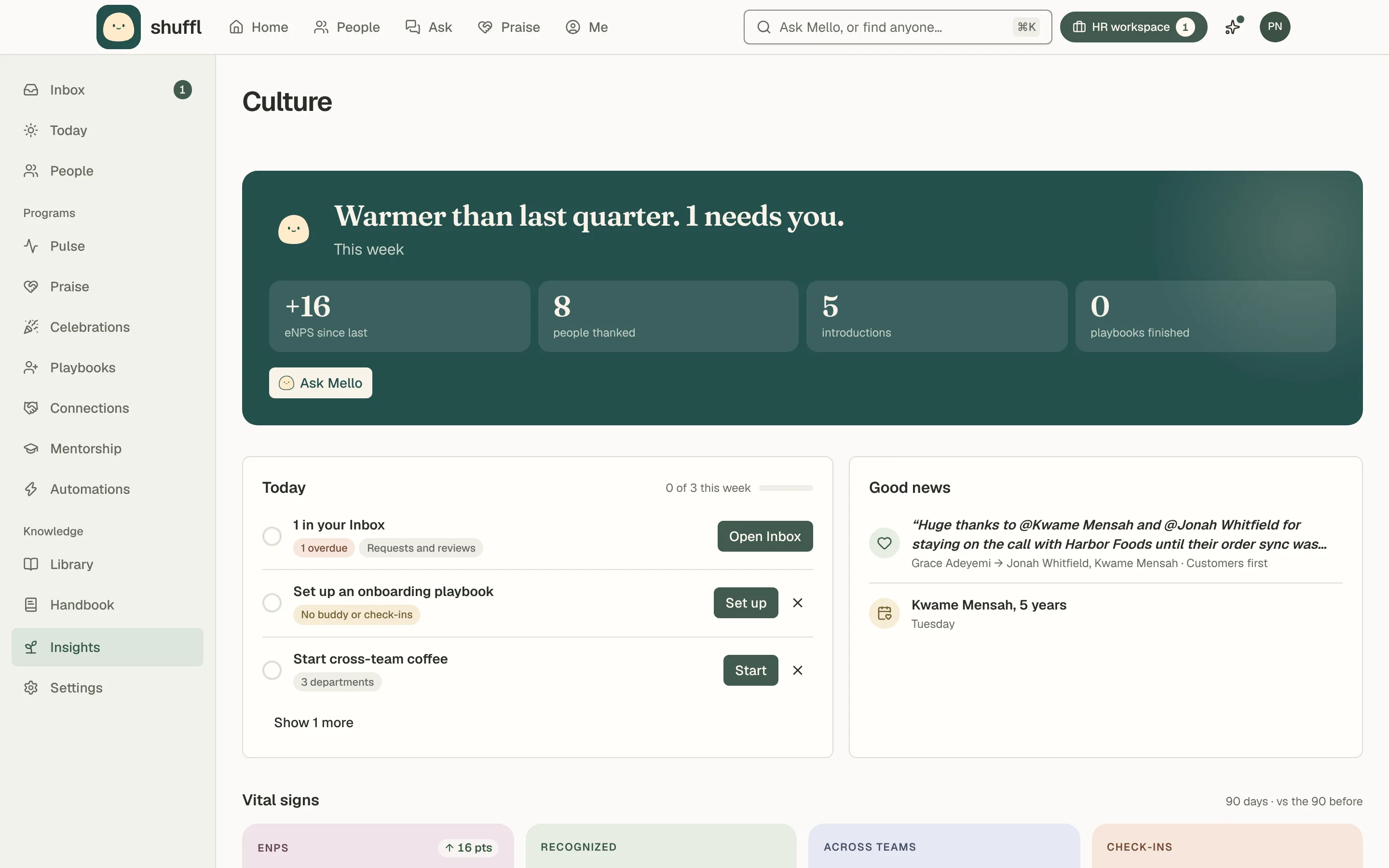 Culture at Northwind Traders with Mello’s top two steps and tiles for praise, introductions, buddies and eNPS