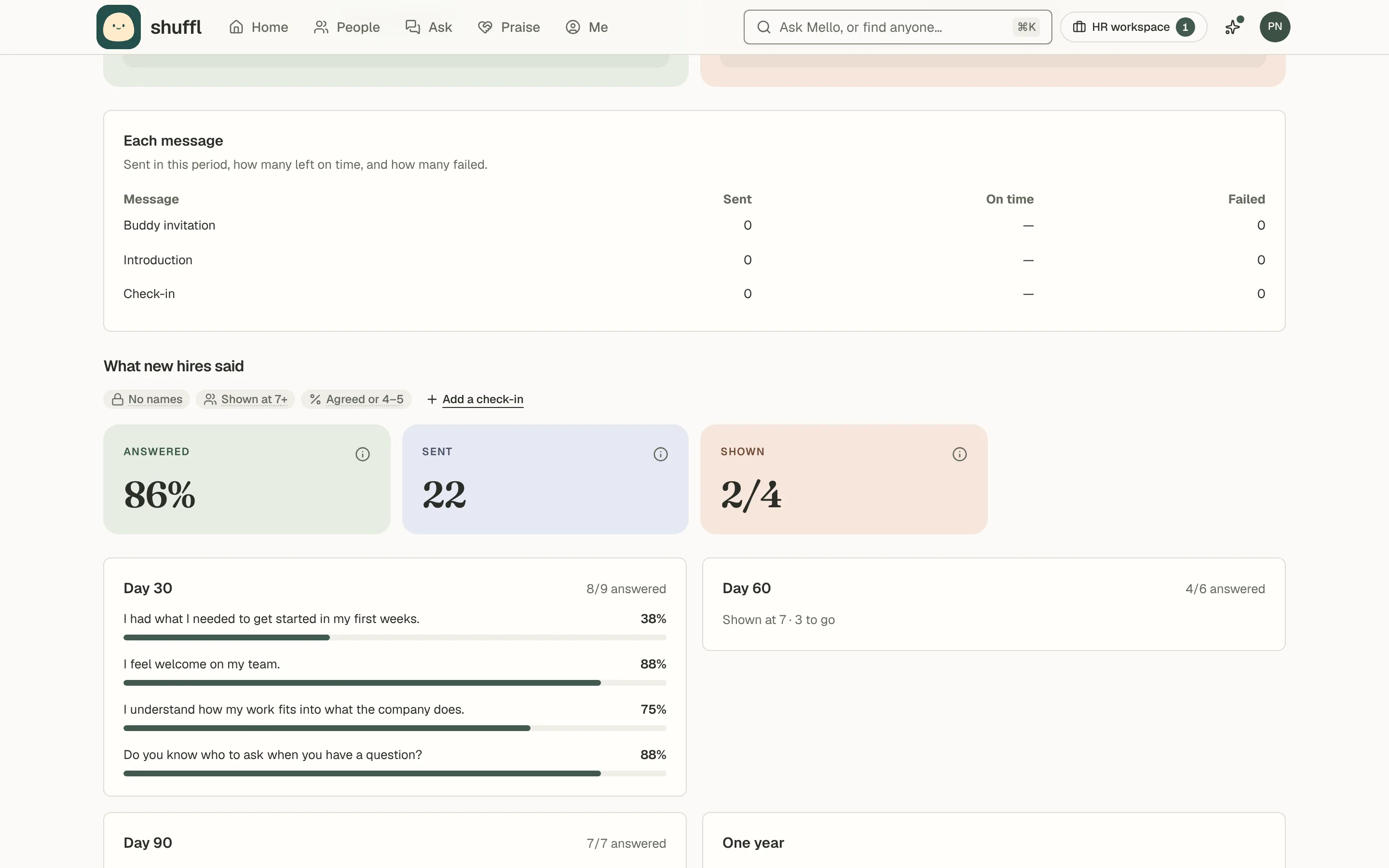 First 90 days on Playbooks → Insights: check-ins answered and what new hires said they would fix