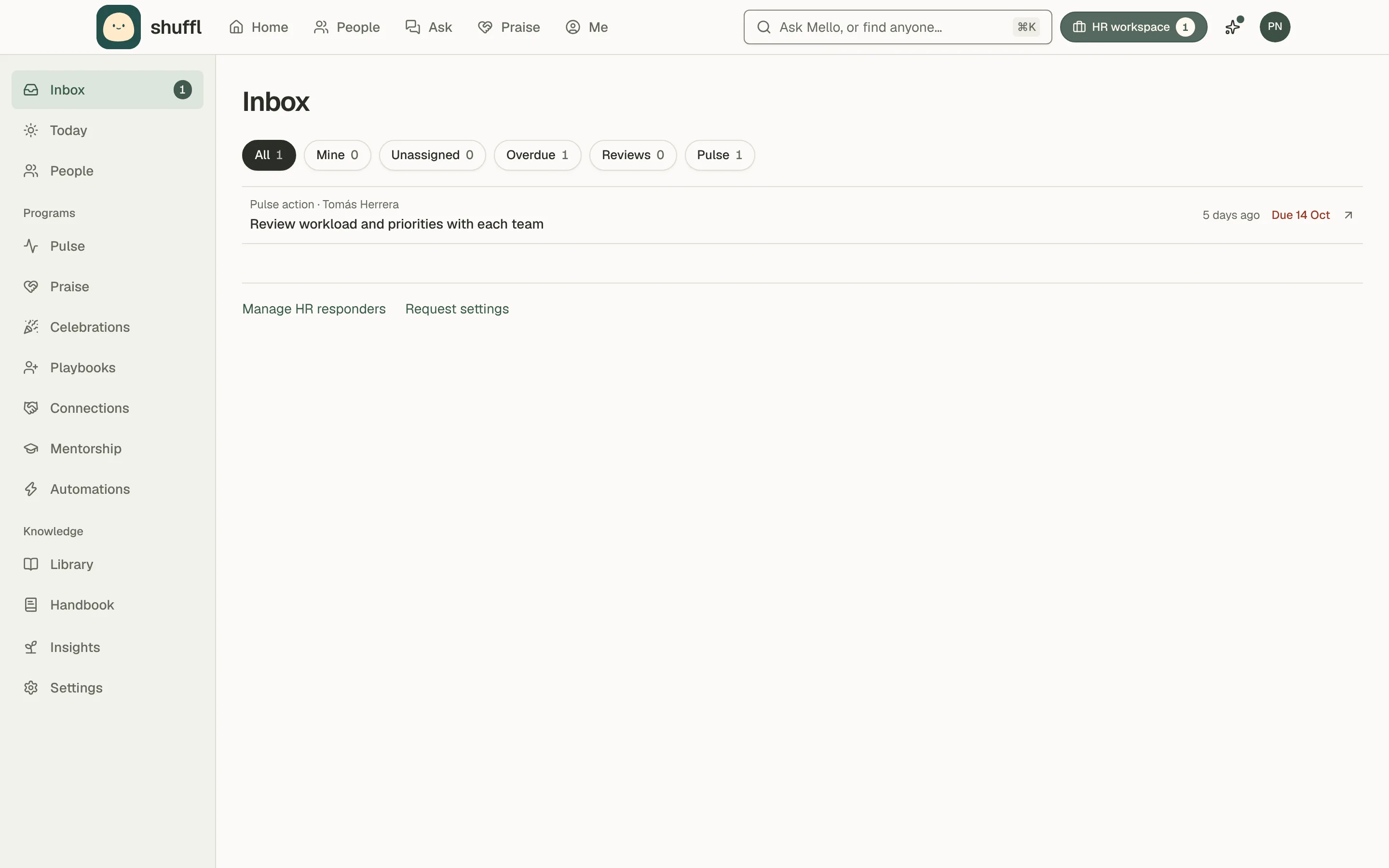 The HR workspace open on the Inbox: the switch pressed in the top bar, and a rail listing Inbox, Today, People, the programs Mello runs, Knowledge, Insights and Settings
