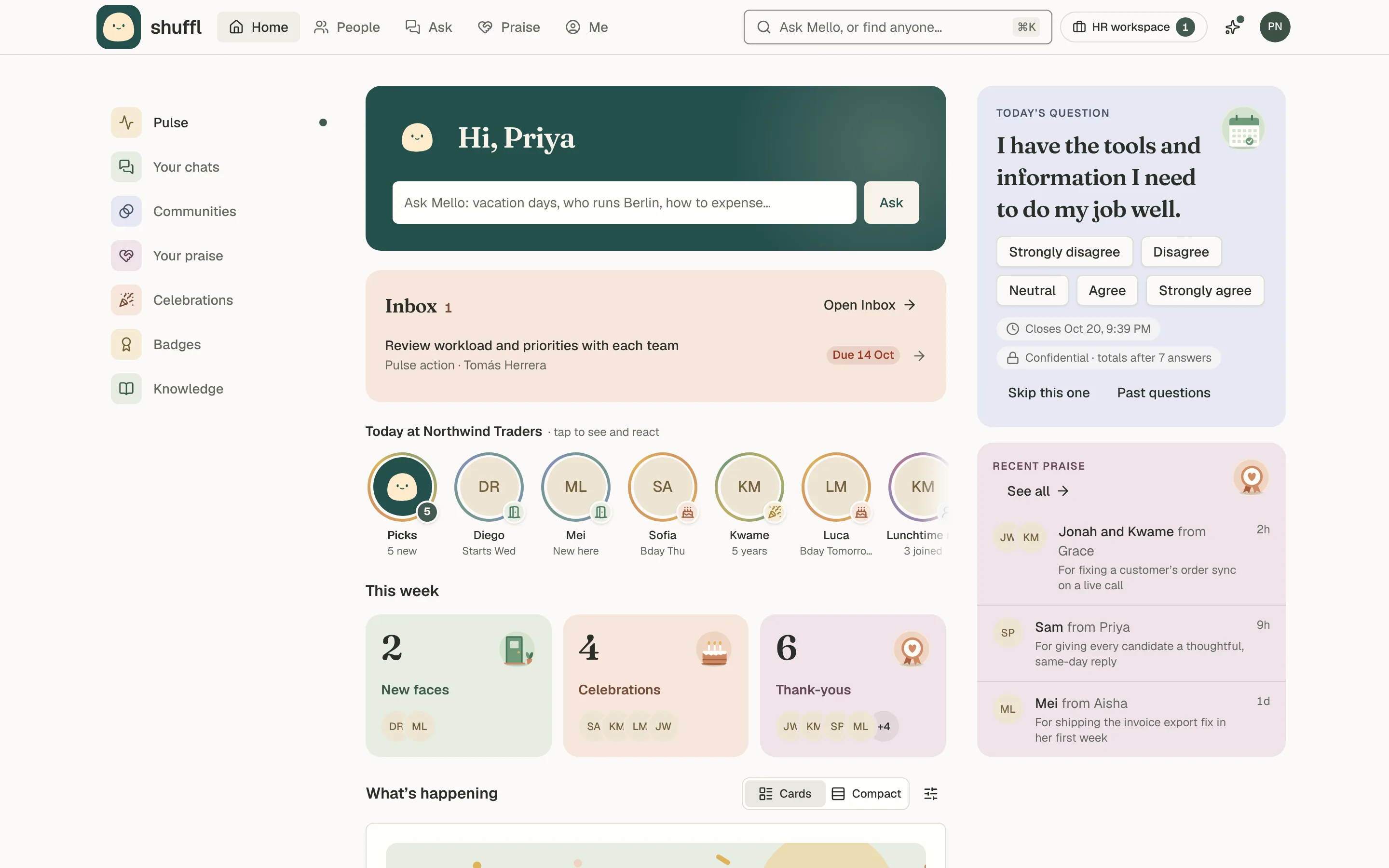Shuffl Home on desktop and phone, with a Pulse question, recent praise and a feed of coworker news