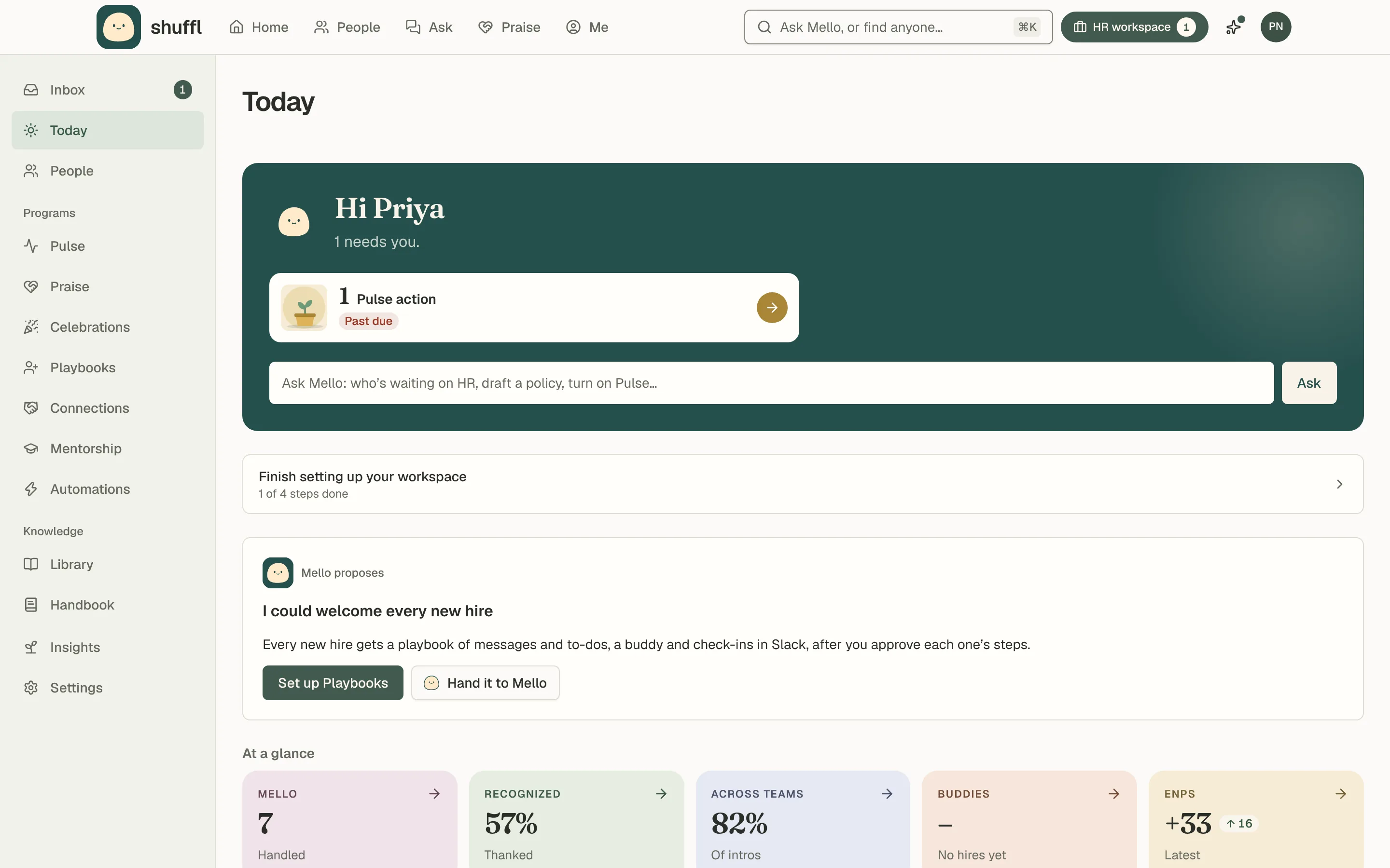 Manage Today with Mello’s greeting, a past-due Pulse action and a proposal to welcome new hires