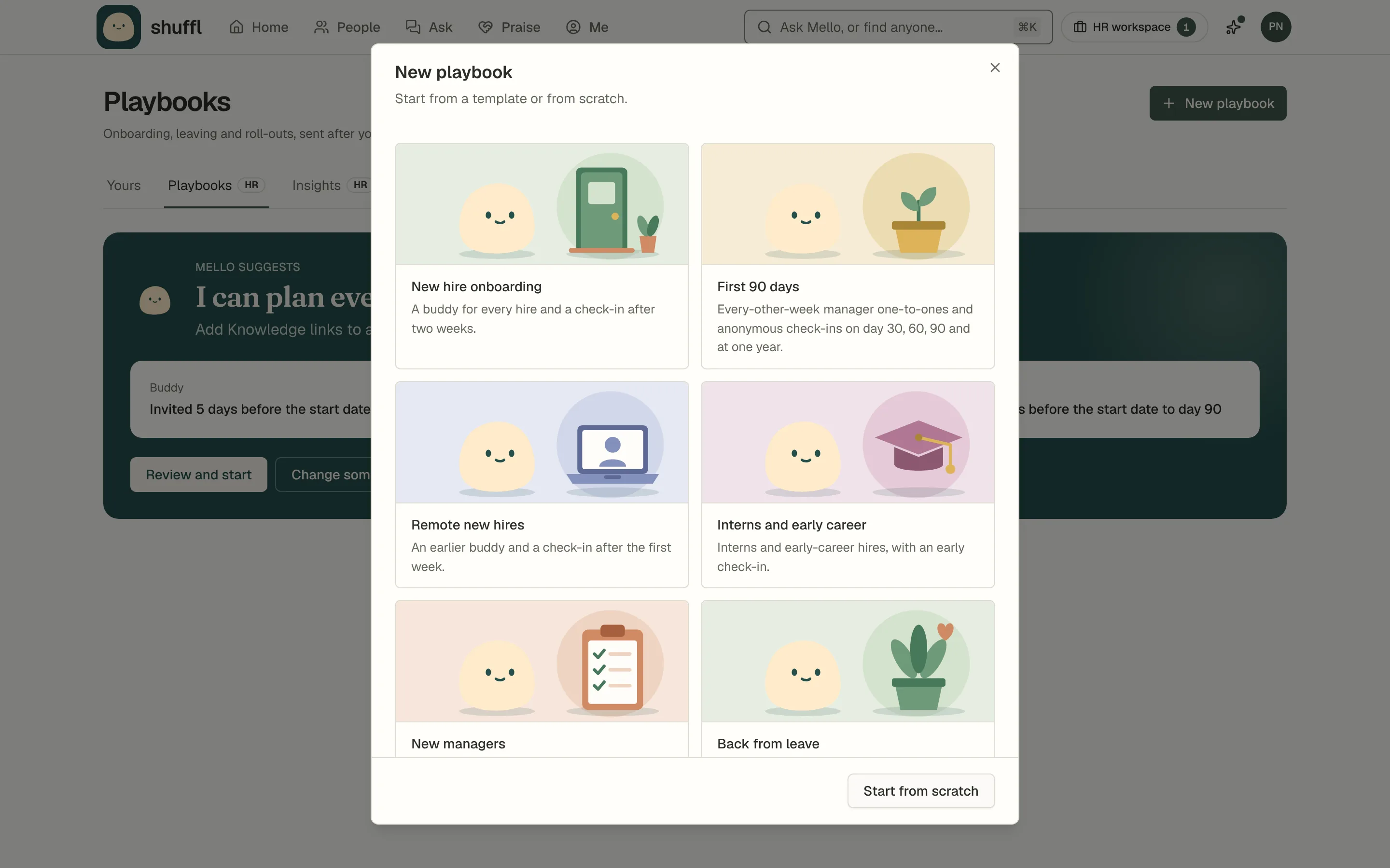 The New playbook picker with templates for new hires, interns, new managers and people back from leave