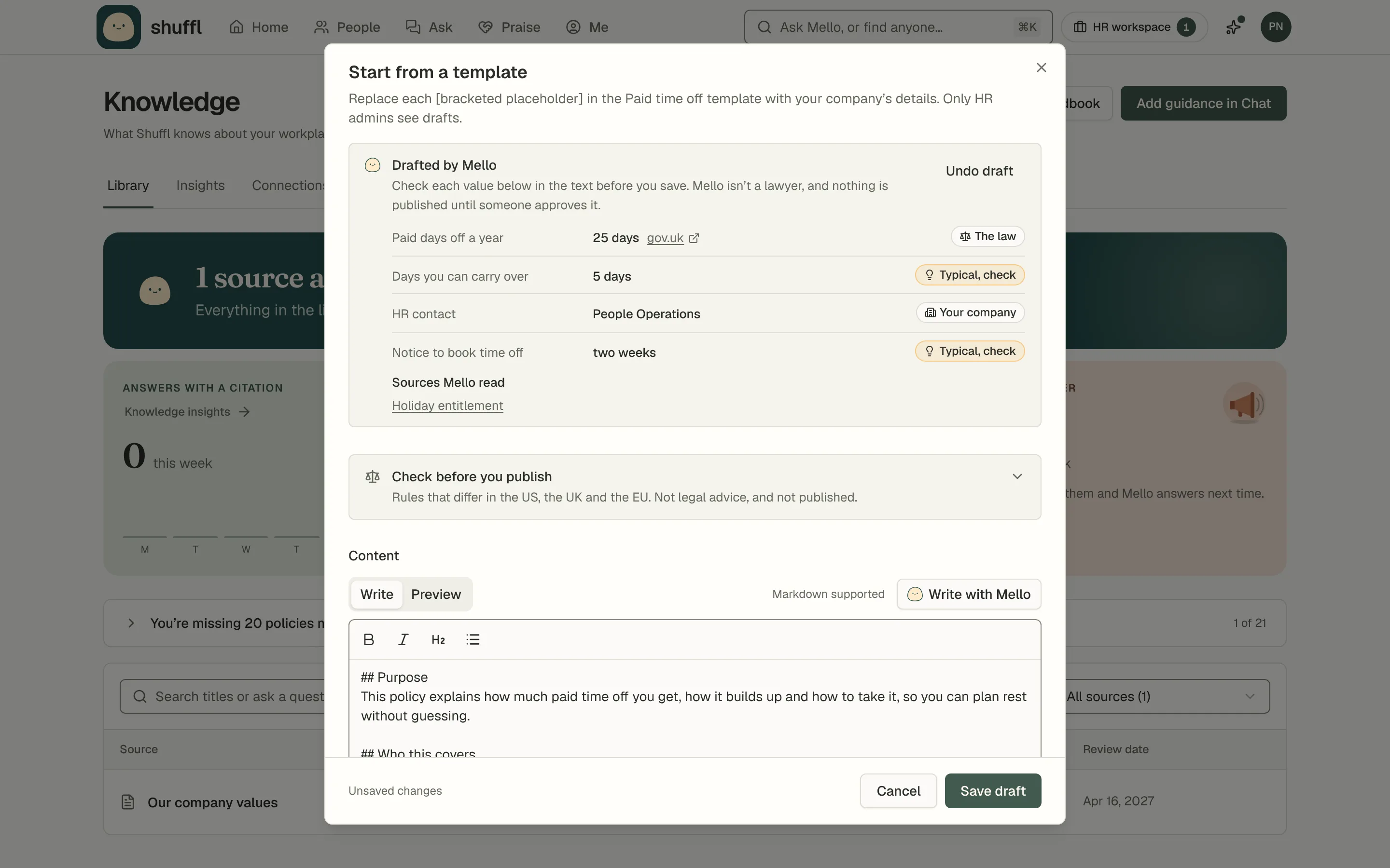 A Paid time off policy drafted by Mello, with each value marked The law, Typical, check or Your company