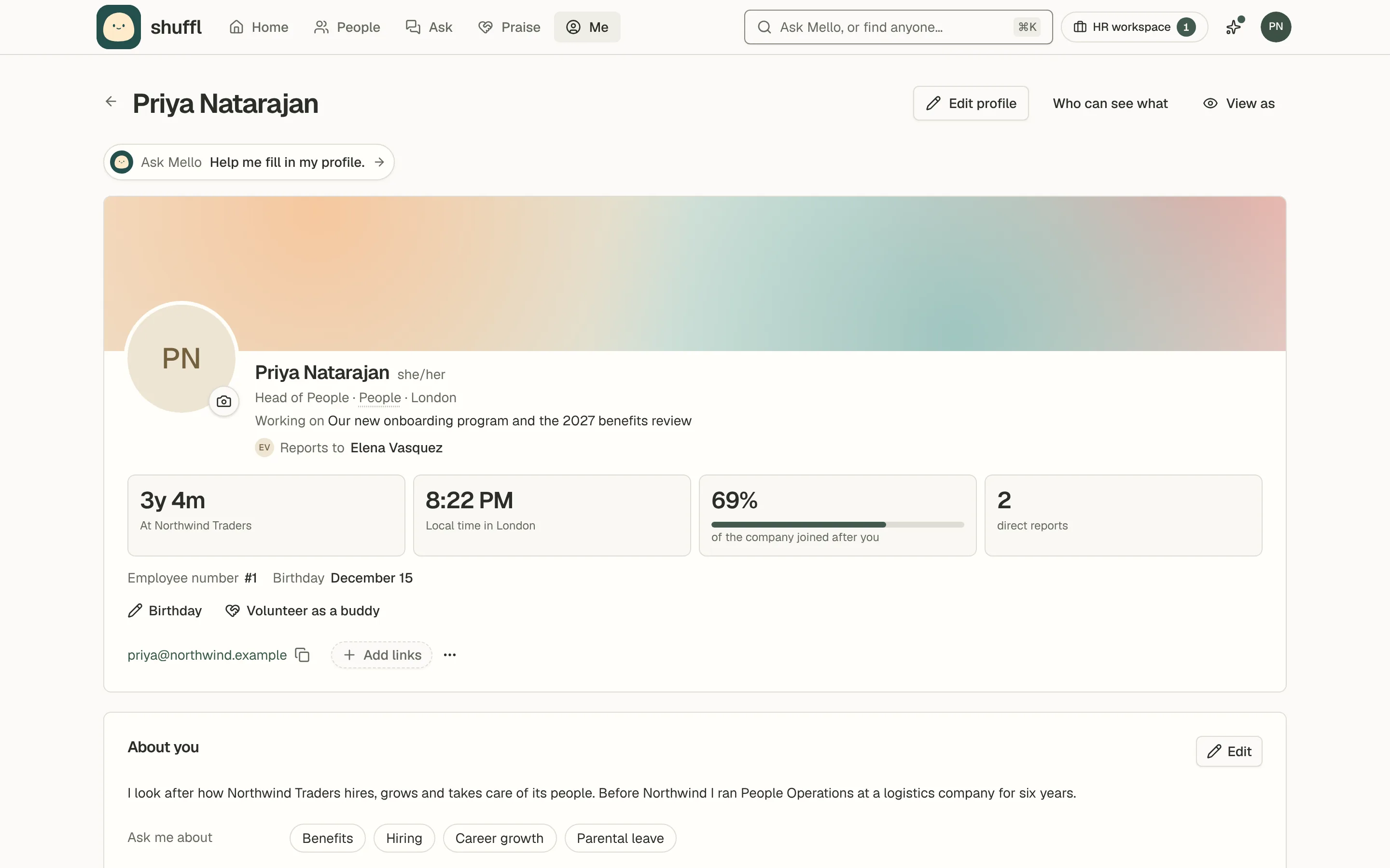 A Shuffl profile with a cover image, quick stats and reporting line