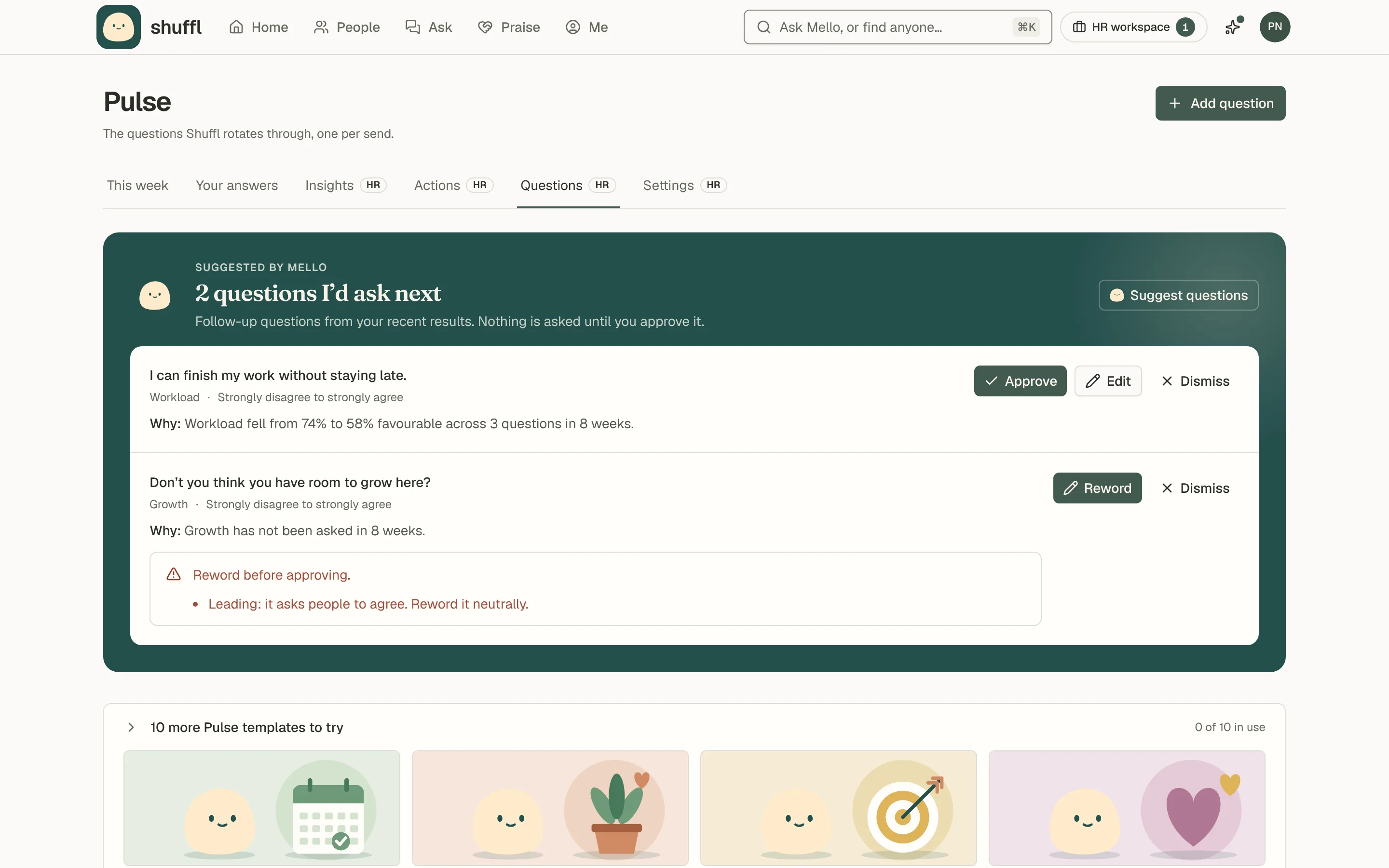 Two questions Mello suggested on the Pulse Questions tab, one flagged to reword