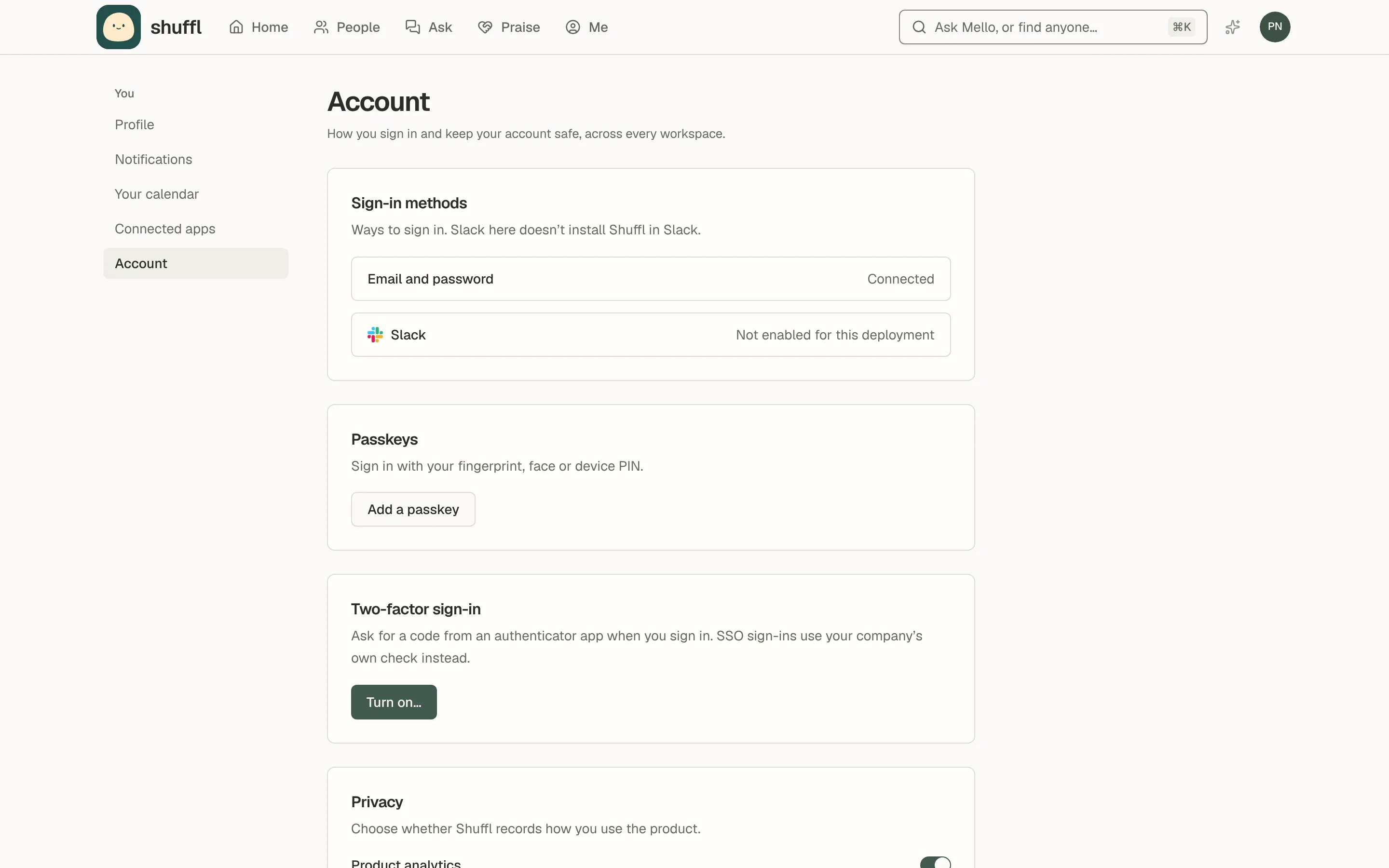 The Account settings page: sign-in methods for email, Google and Slack, passkeys, two-factor sign-in, a product analytics switch and Delete account.