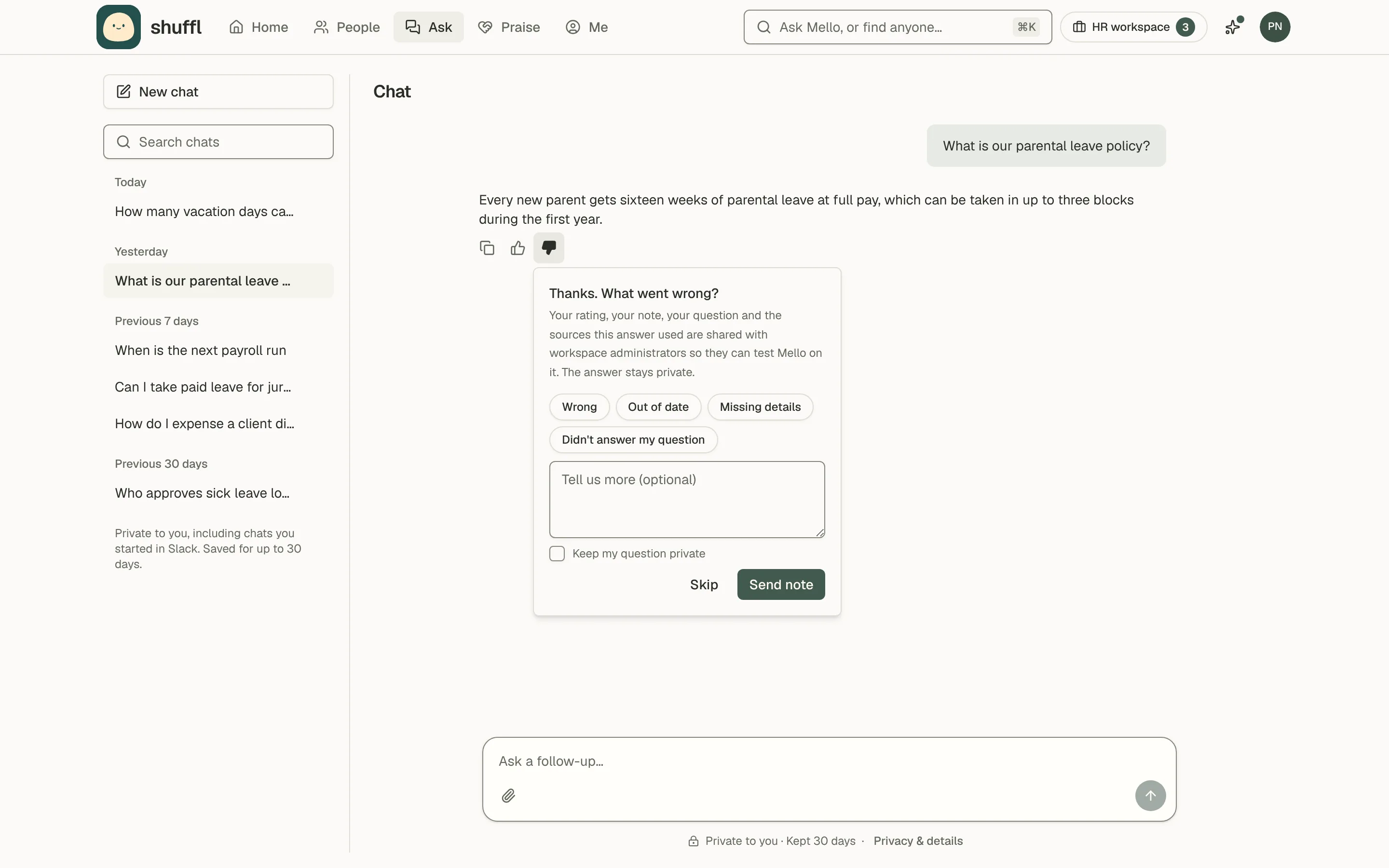 The Bad answer panel under a Mello answer: what is shared with workspace administrators, quick reasons, a Tell us more box and the Keep my question private checkbox.