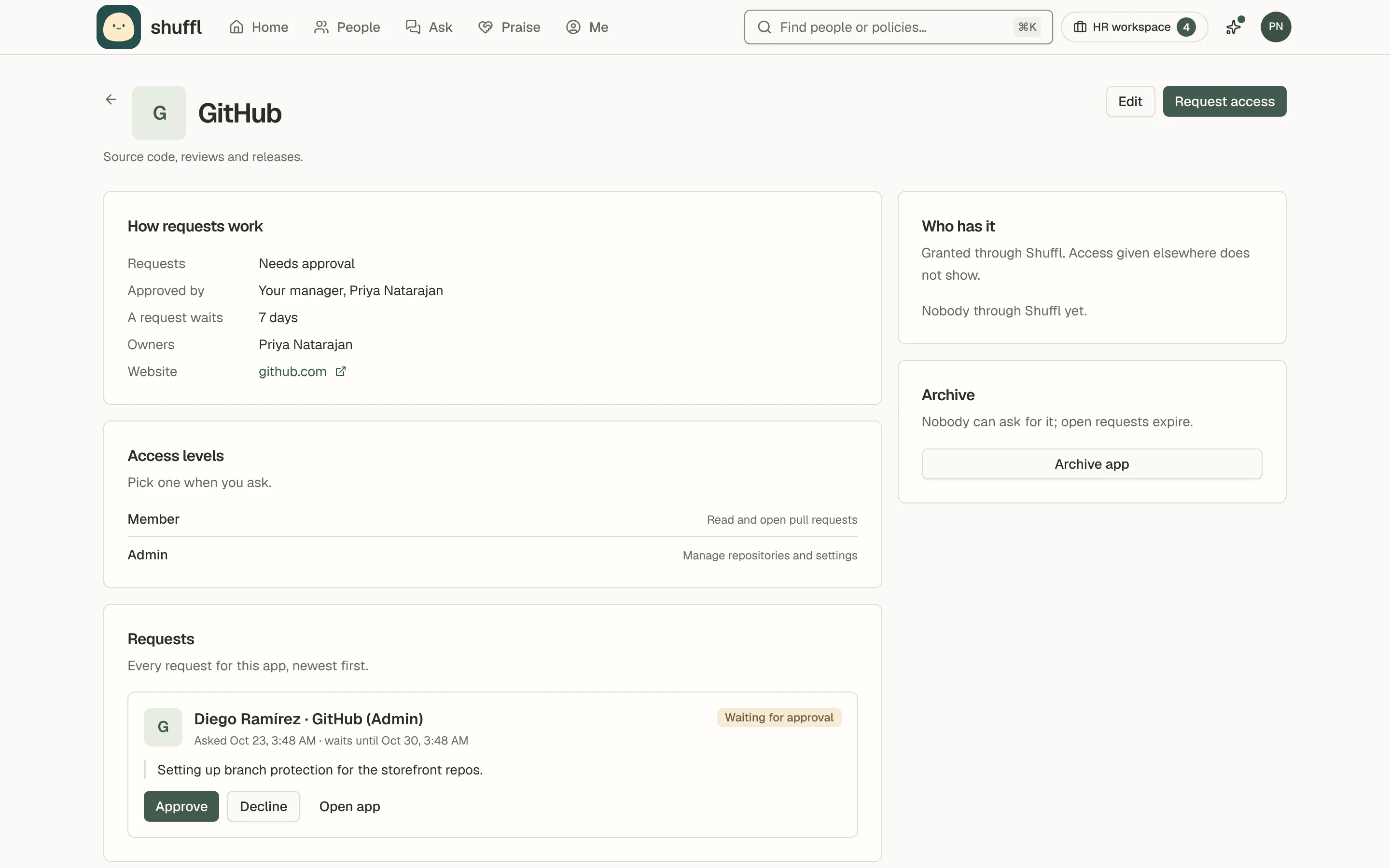 The GitHub app page: how requests work (needs approval, approved by your manager or Priya, waits 7 days, owned by Priya, github.com), the Member and Admin levels, every request with its state, who has it, and Archive app.