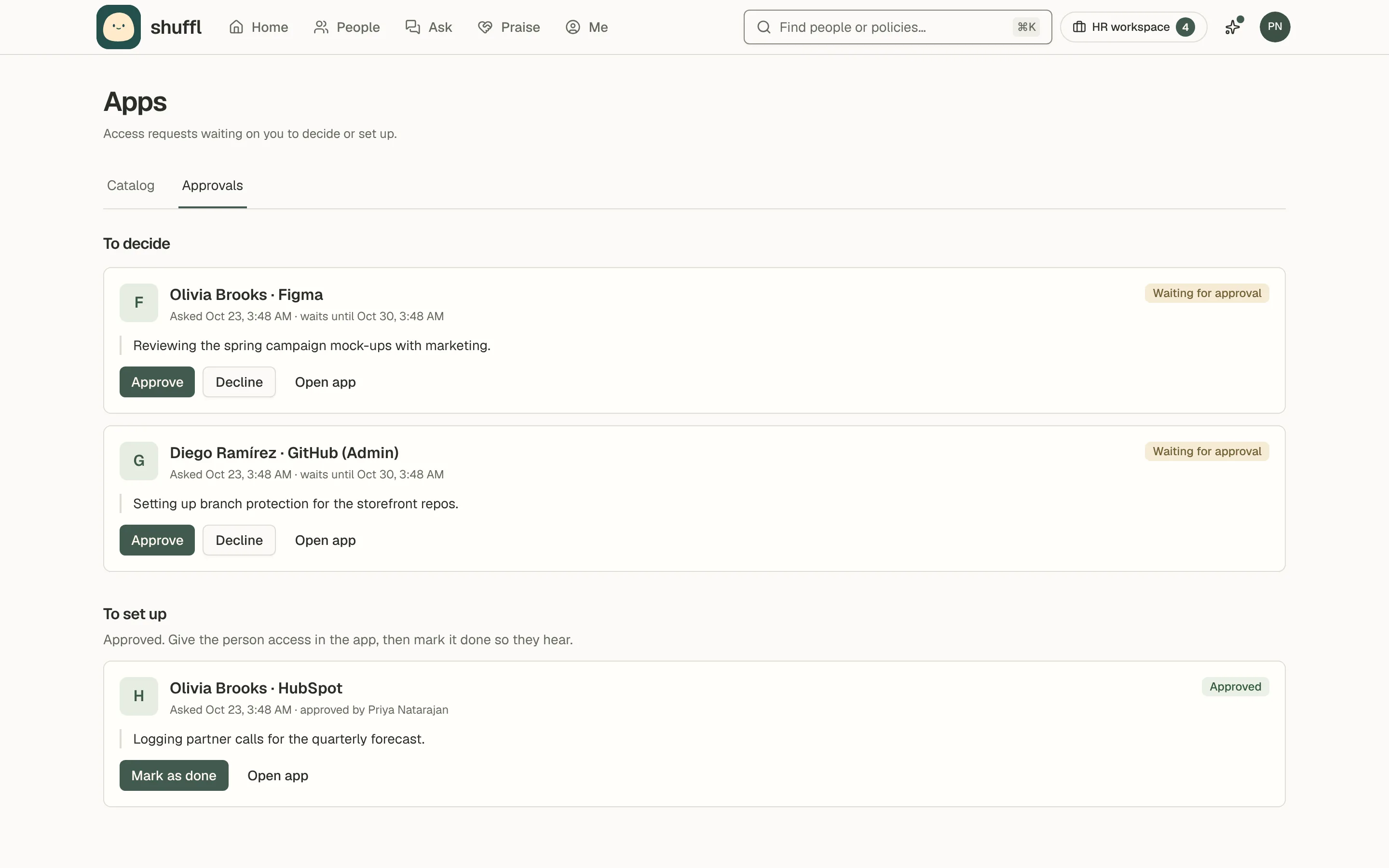 The Approvals tab: under To decide, cards for Diego Ramírez asking for GitHub (Admin) and Olivia Brooks asking for Figma, each with why, how long it waits and Approve and Decline buttons; under To set up, Olivia’s approved HubSpot request with a Mark as done button.
