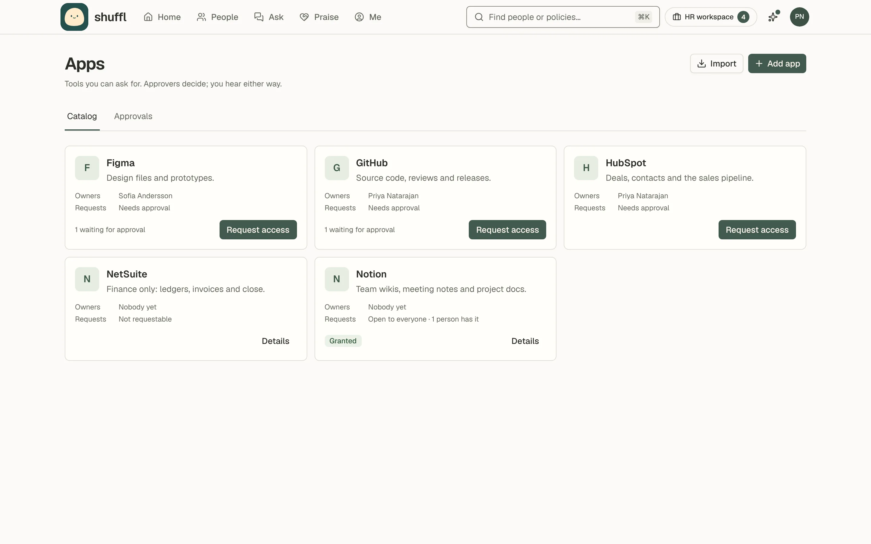 The Apps page: a grid of cards for Figma, GitHub, HubSpot, NetSuite and Notion, each with its initial, a line on what it is for, its owners, how requests are decided and a Request access button. Notion shows Granted.