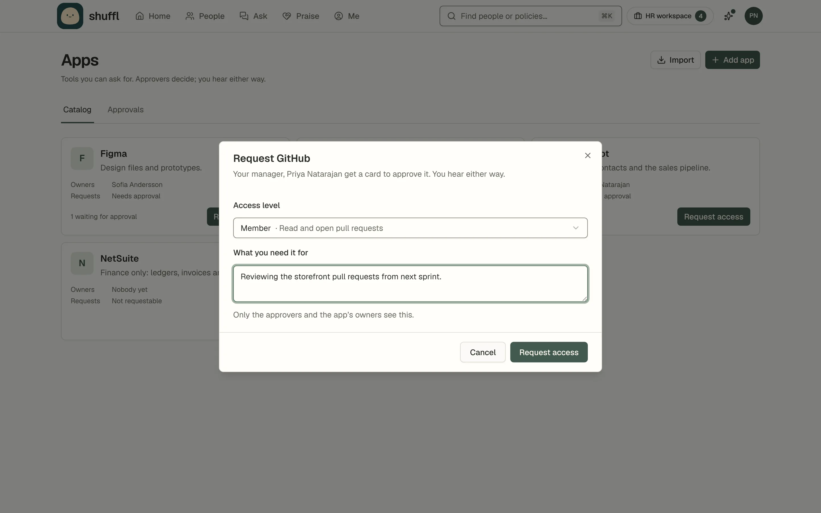 The Request GitHub dialog: a line saying who approves, an Access level choice showing Member, a box for what you need it for, and Cancel and Request access buttons.