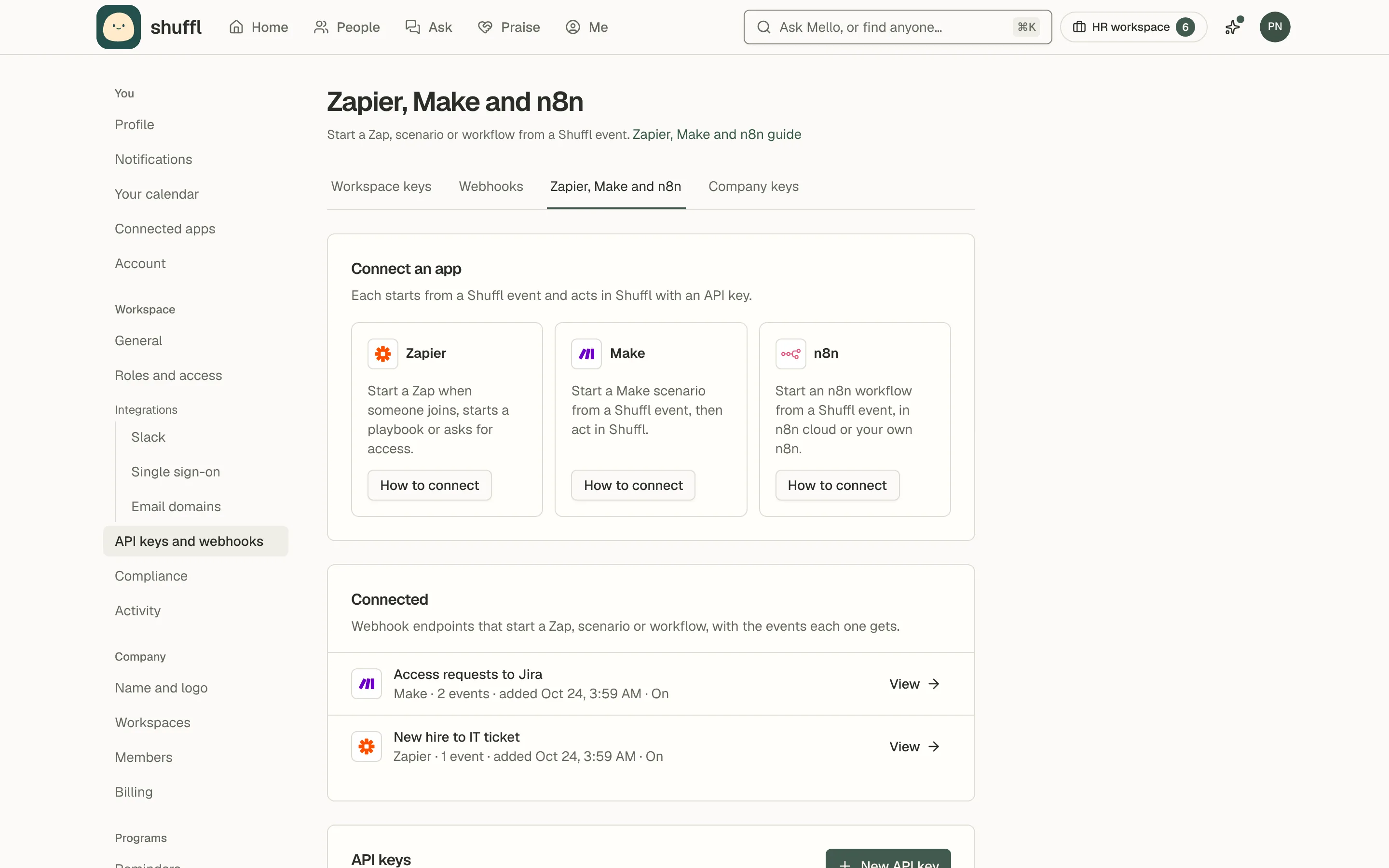 Settings → Zapier, Make and n8n for Northwind Traders: tiles for Zapier, Make and n8n, and two connected subscriptions, one from Zapier and one from Make.