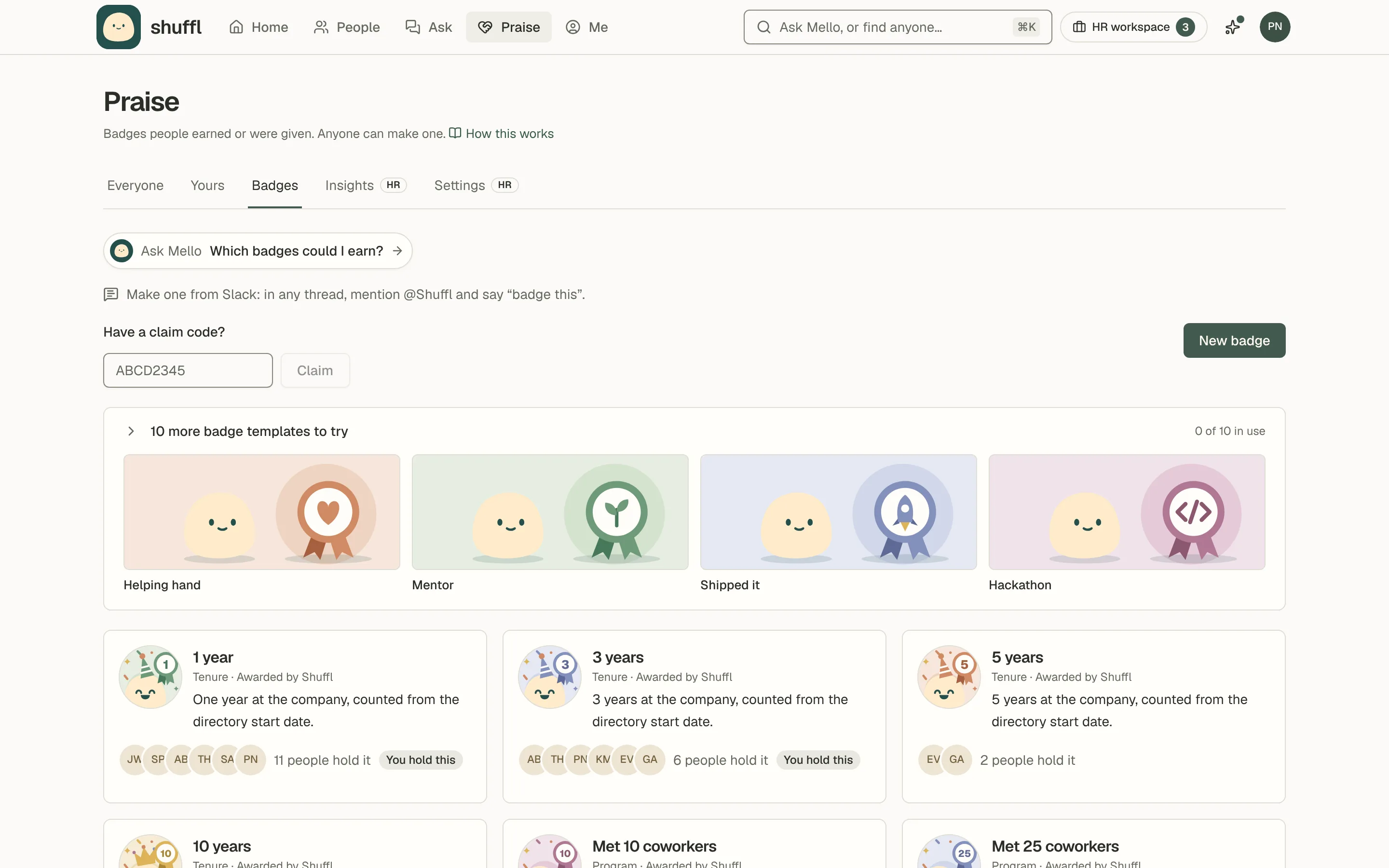 The Badges tab under Praise: badge cards with a picture, a name such as Mentor of the quarter, who holds it and how it is earned, with New badge and Have a claim code? options.