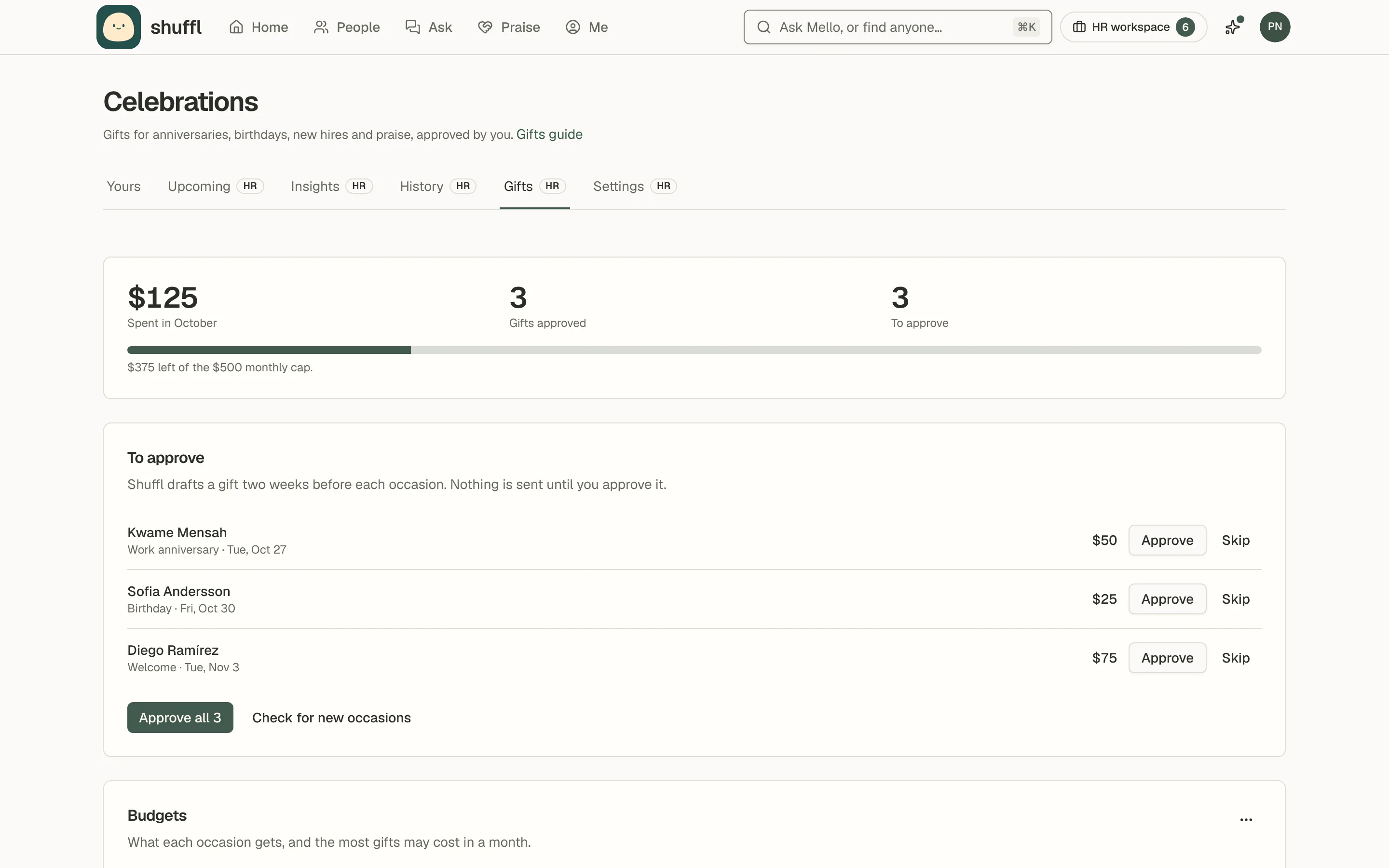 Celebrations → Gifts for Northwind Traders: this month’s spend against the monthly cap, then three gifts to approve, each with its occasion, day, amount, Approve and Skip, and Approve all.