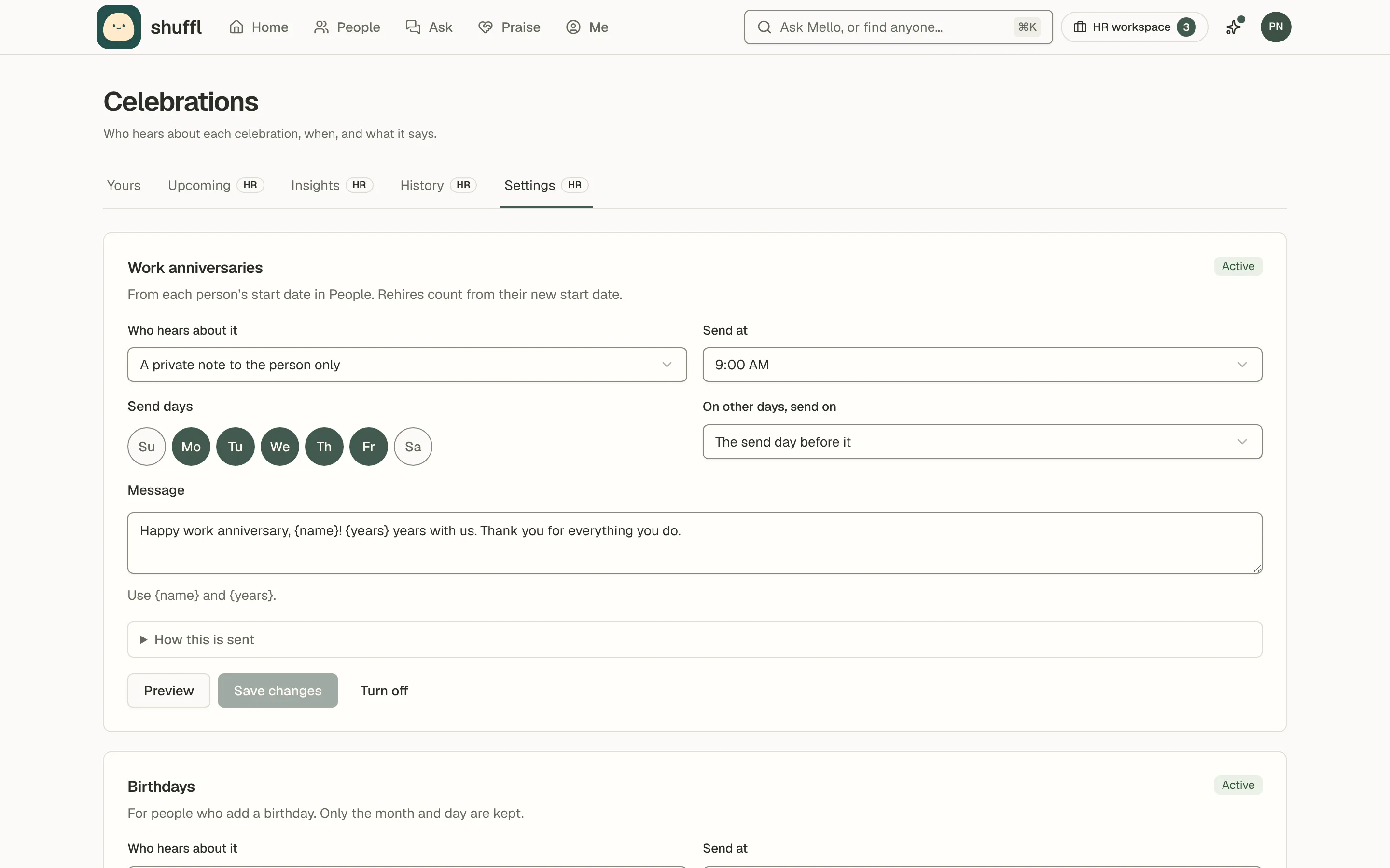 Celebration settings: one card for work anniversaries and one for birthdays, each with who hears about it, the send time, the send days, an optional channel, the message with placeholders, a folded How this is sent note and an optional Preview.