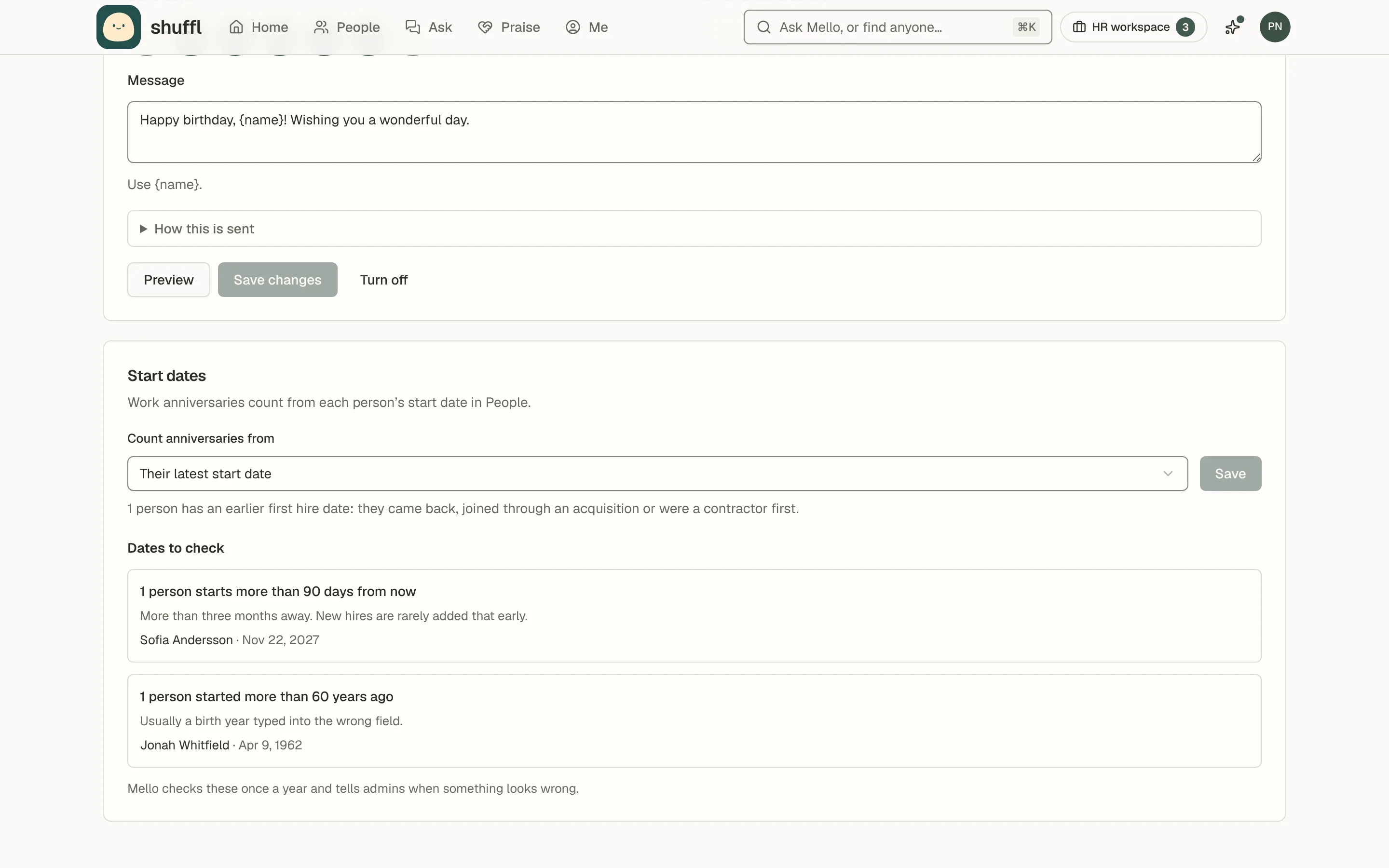 The Start dates card in Celebrations settings: a choice of counting anniversaries from the latest start date or the first hire date, how many people have an earlier first hire date, and a list of start dates that look wrong with the people on each.