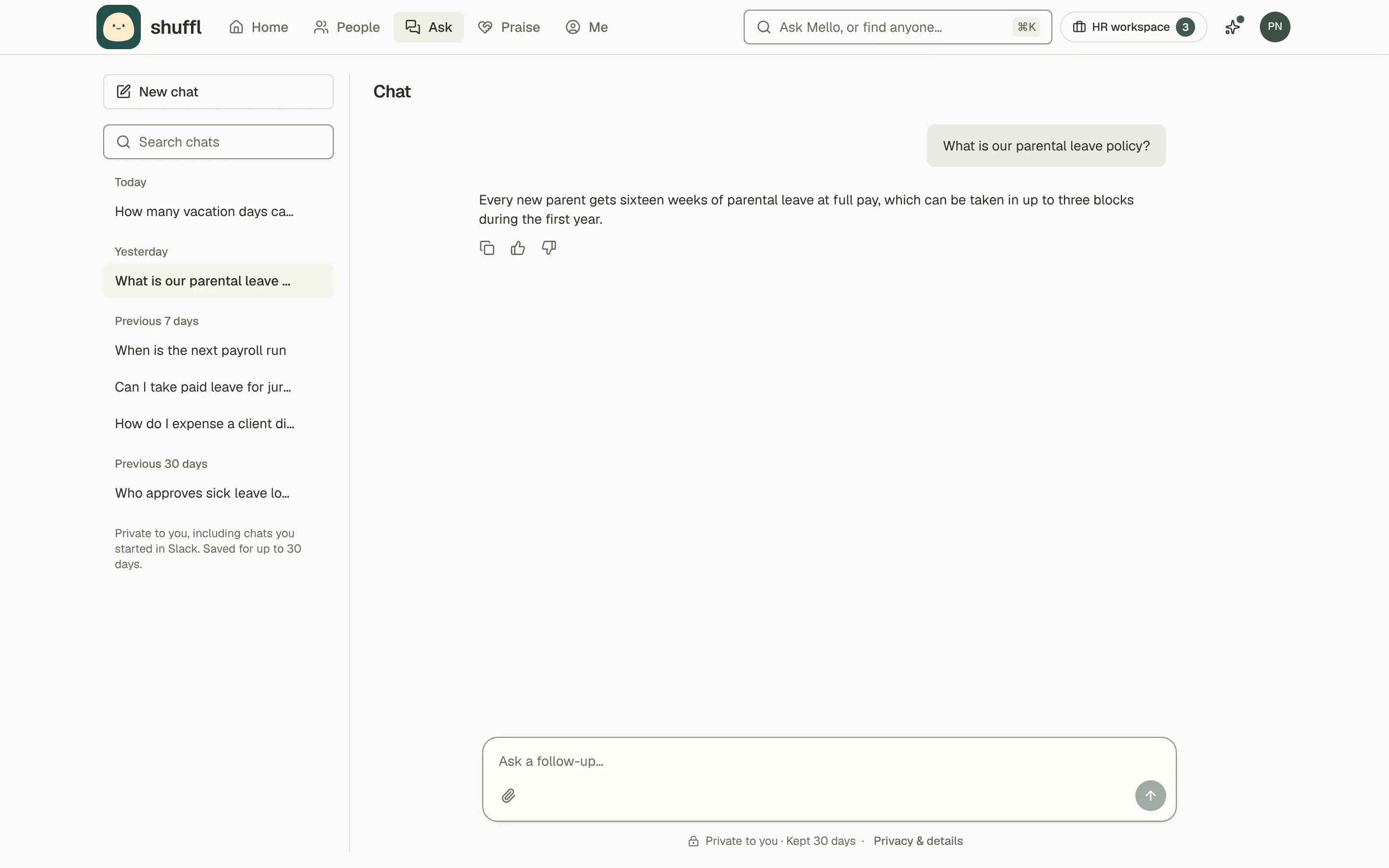 Chat in Shuffl on desktop and phone. The list of past chats sits on the left; the open chat asks about parental leave and Mello answers with the policy, with a composer at the bottom.