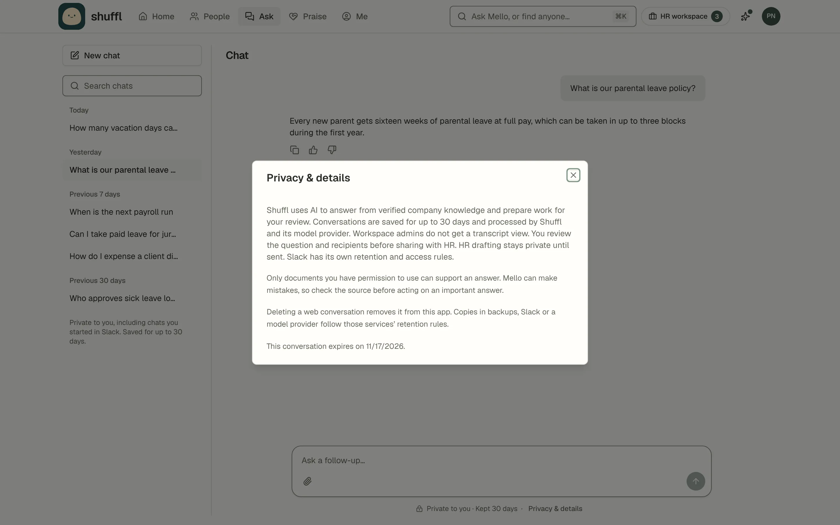 The Privacy & details dialog open over a Mello chat about parental leave, explaining that conversations are kept for up to 30 days, that administrators get no transcript view, and the date this chat expires.