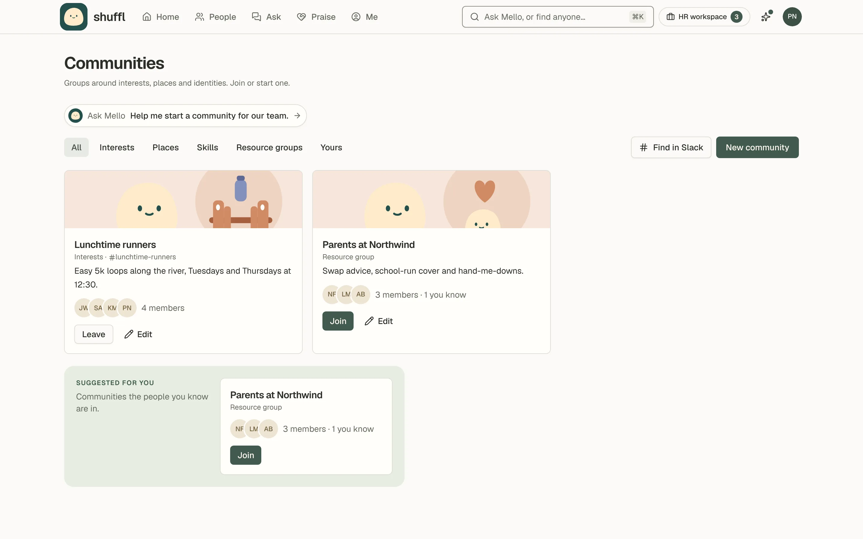 The Communities page: filters for All, Interests, Places, Skills, Resource groups and Yours, then cards for Lunchtime runners and Parents at Northwind with their cover pictures, descriptions, member counts and Join buttons.