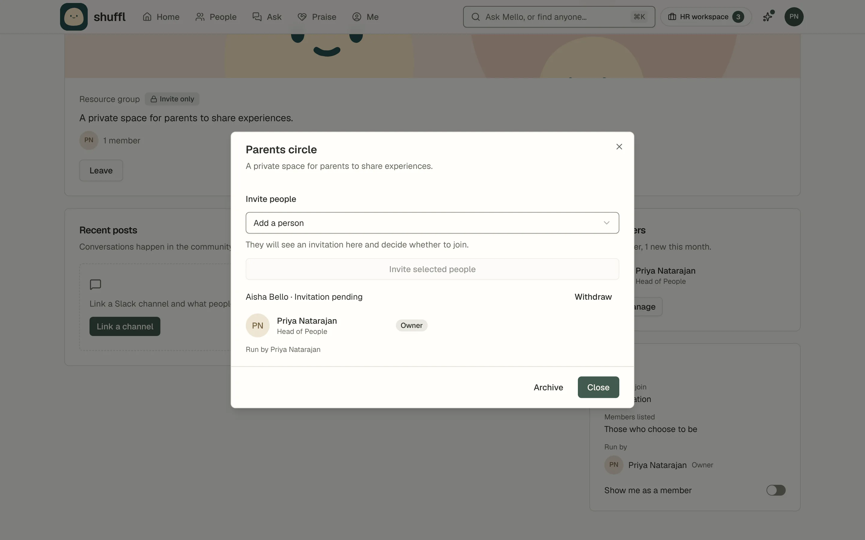 An invitation-only community showing selected invitees and a pending invitation, with no Slack invitation sent until acceptance.