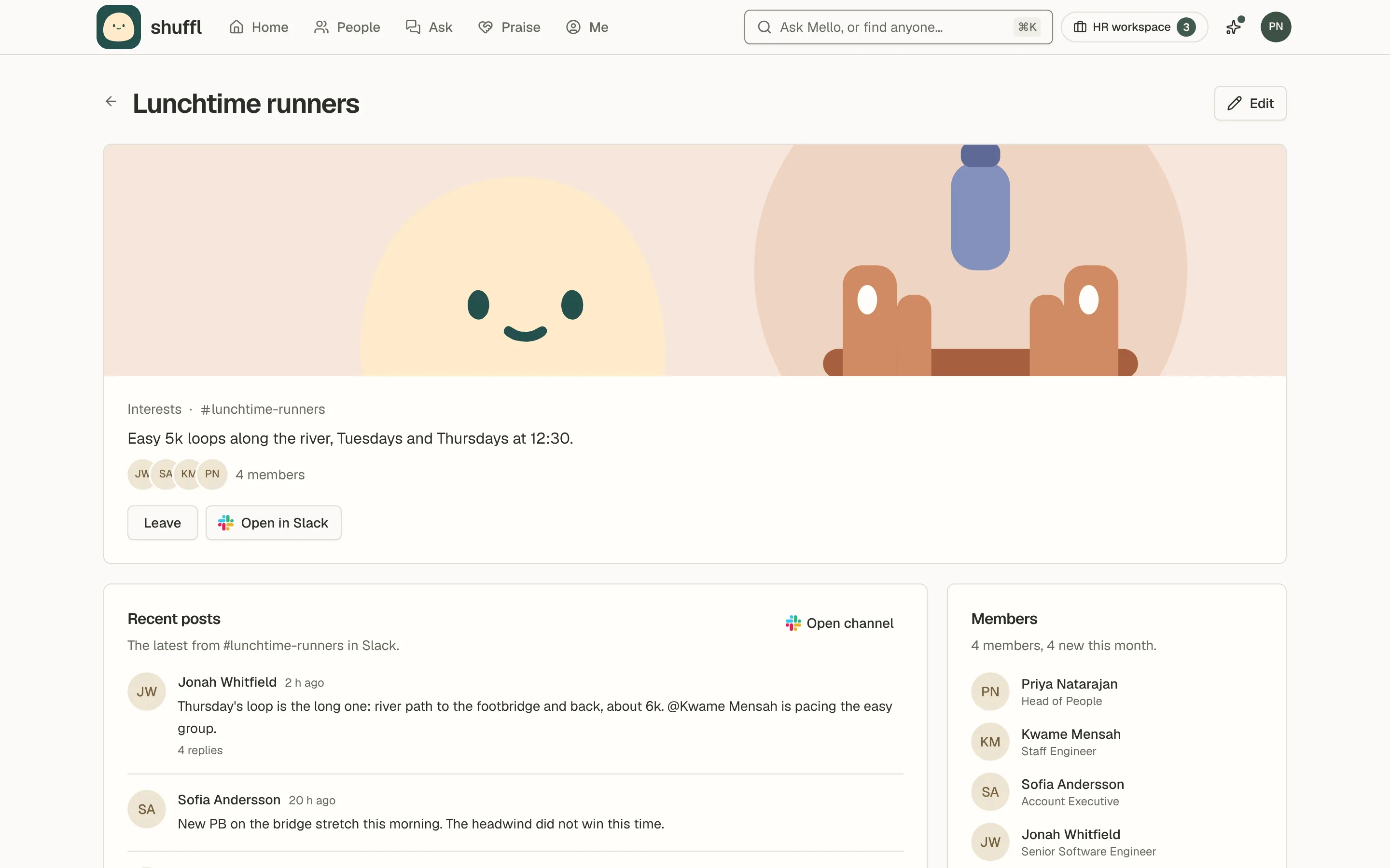 The Lunchtime runners community page: a wide cover, its description, Leave and Open in Slack buttons, recent posts from the lunchtime-runners Slack channel with their authors and reply counts, then Members with the newest marked New and an About card naming who runs it.