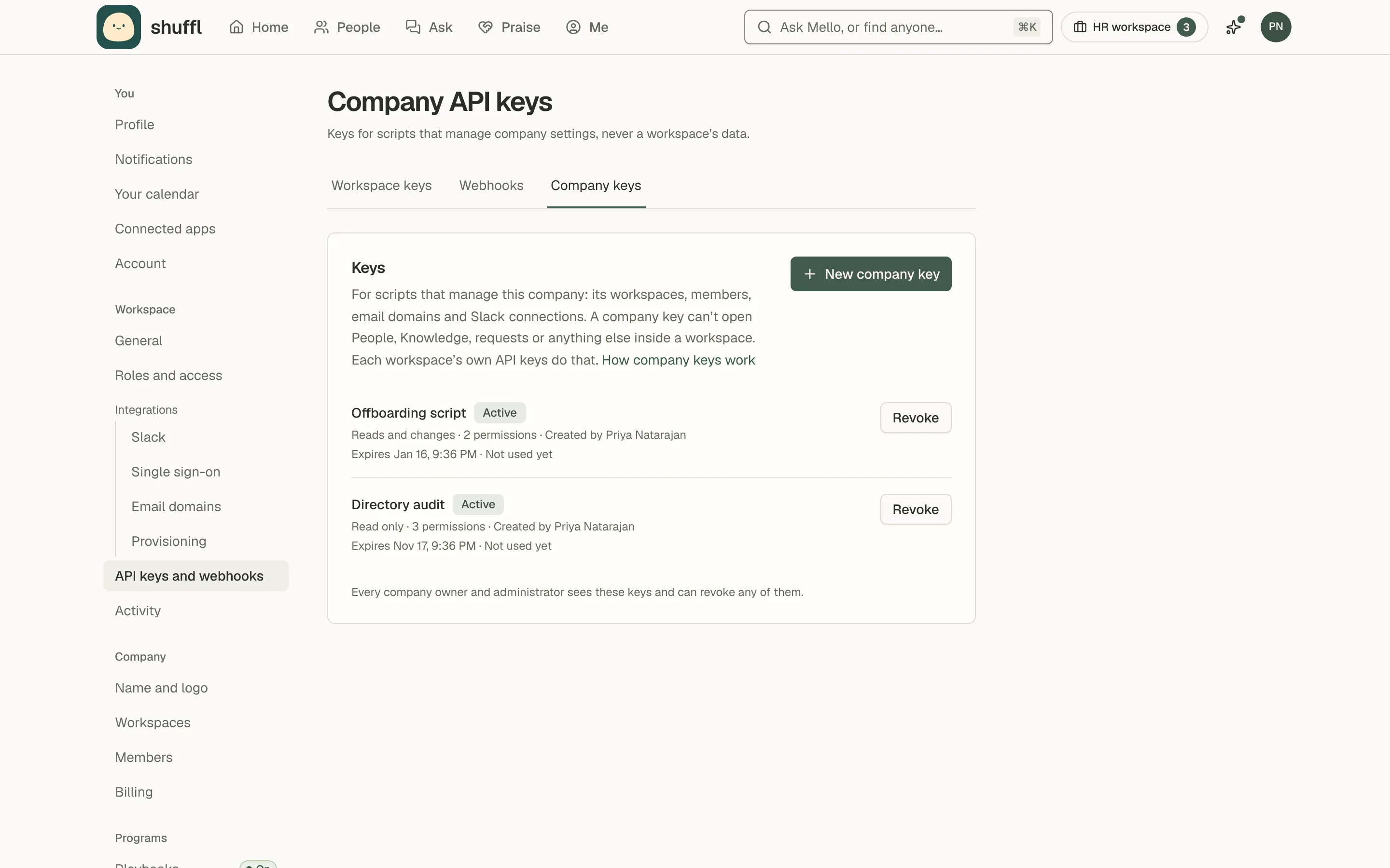 The Company keys tab of API keys and webhooks for Northwind Traders: a read-only Directory audit key and an Offboarding script key that can remove members, each with its creator, expiry and a Revoke button.
