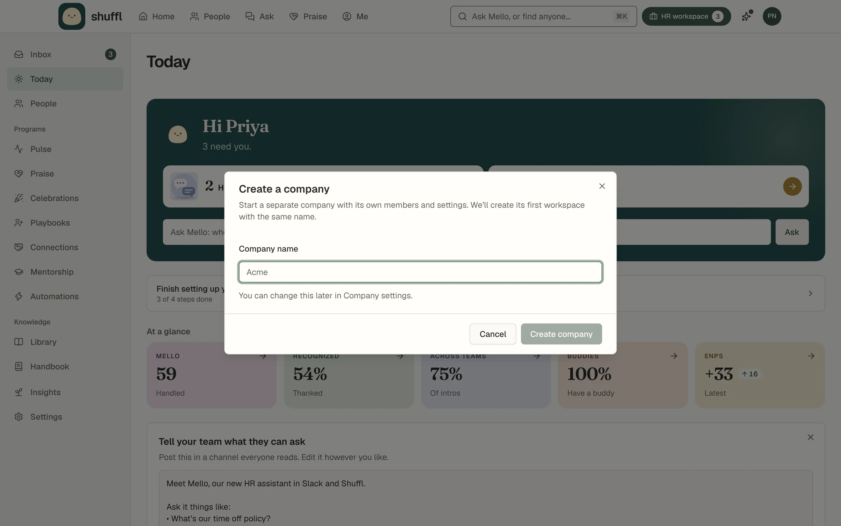 The Create a company form, opened from the account menu.