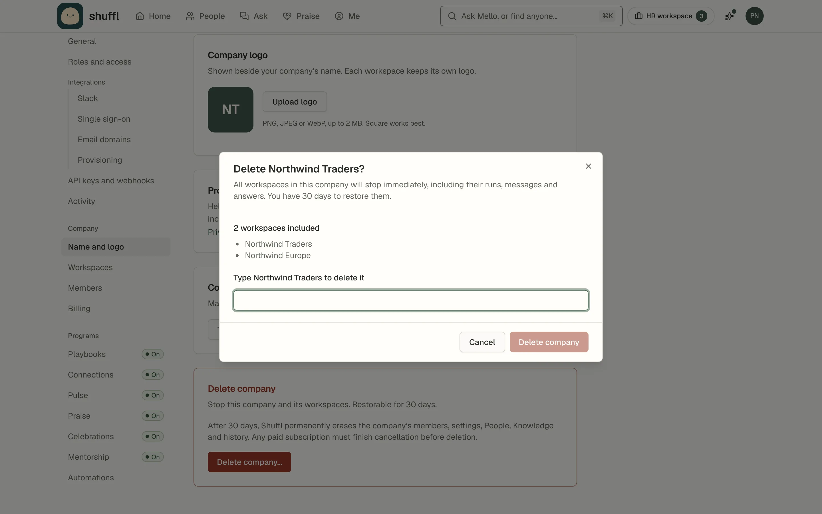 The Delete Northwind Traders confirmation listing every affected workspace.