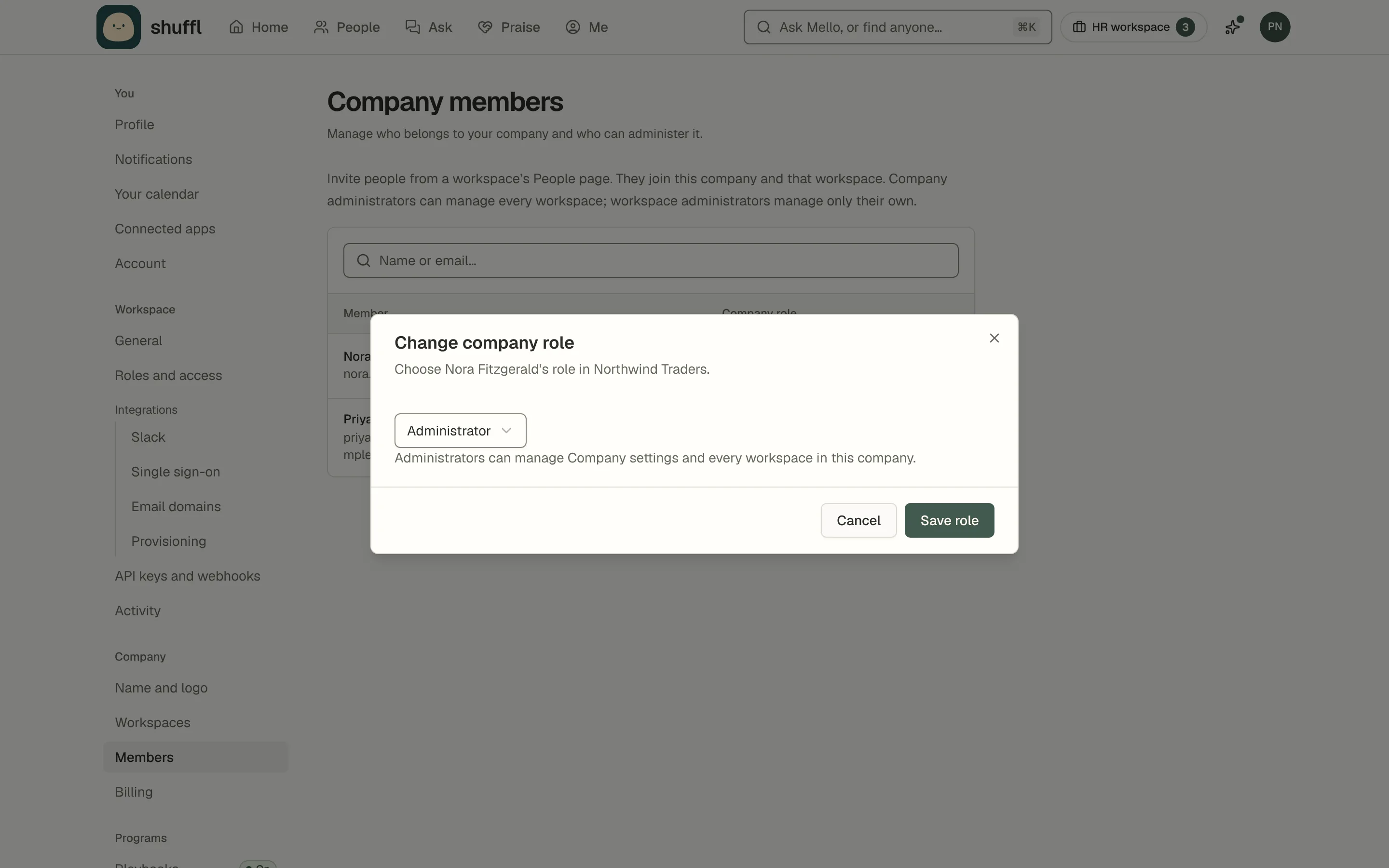 The Change company role dialog over Company members for Northwind Traders, with Administrator chosen for Nora Fitzgerald and a line saying what administrators can manage.