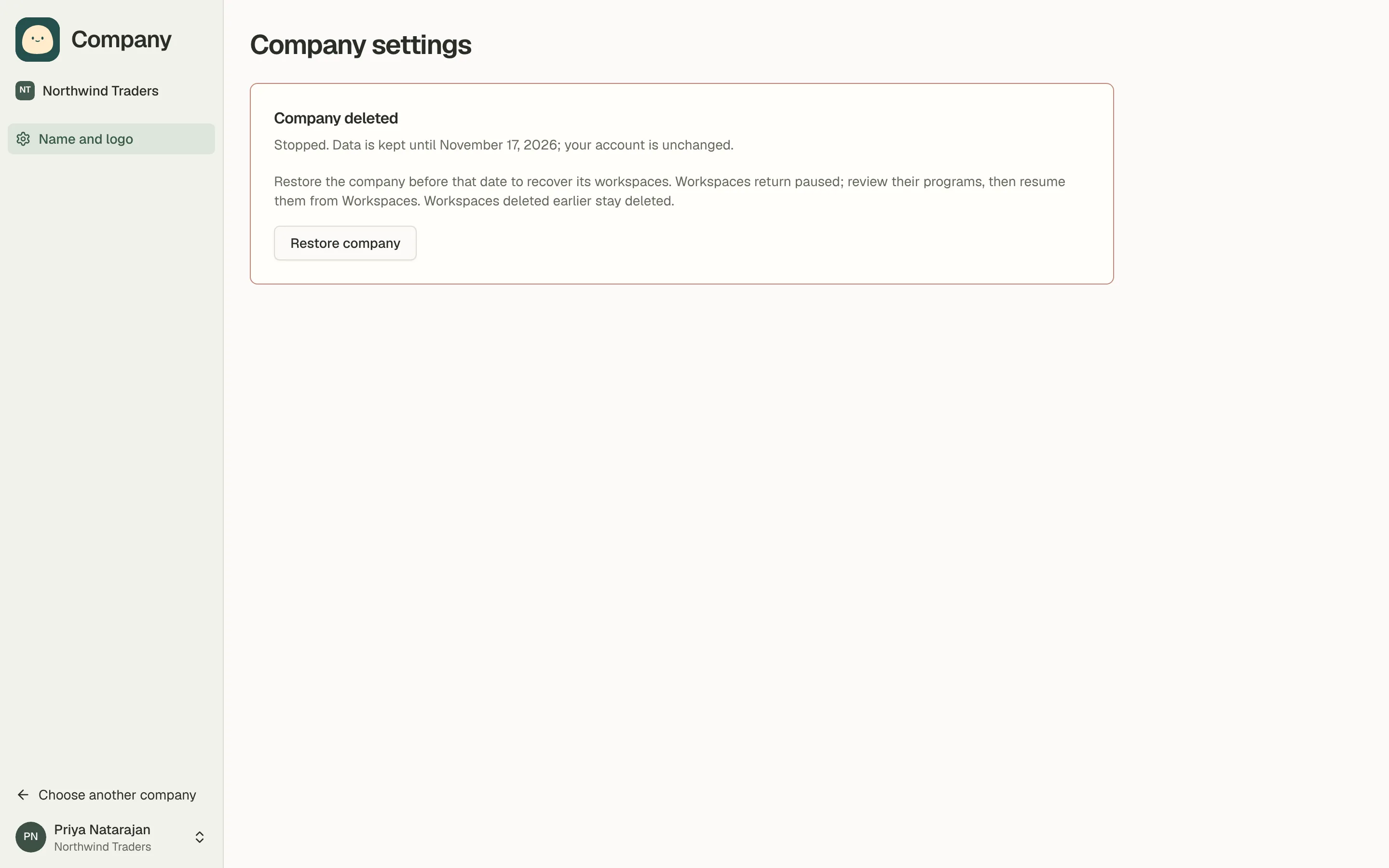 Company settings showing the recovery deadline and Restore company.