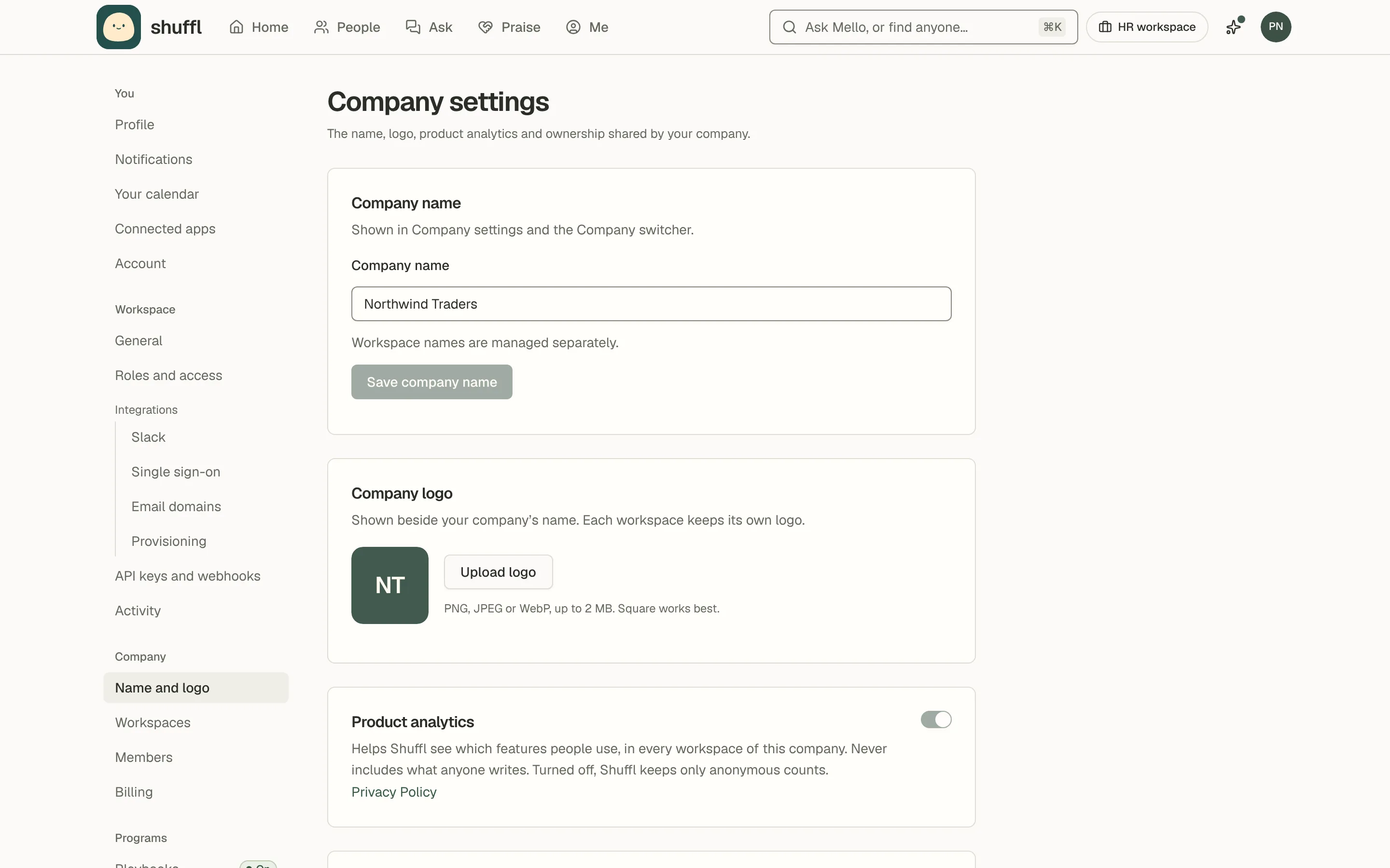 Northwind Traders Company settings, with the company name, logo and ownership controls.