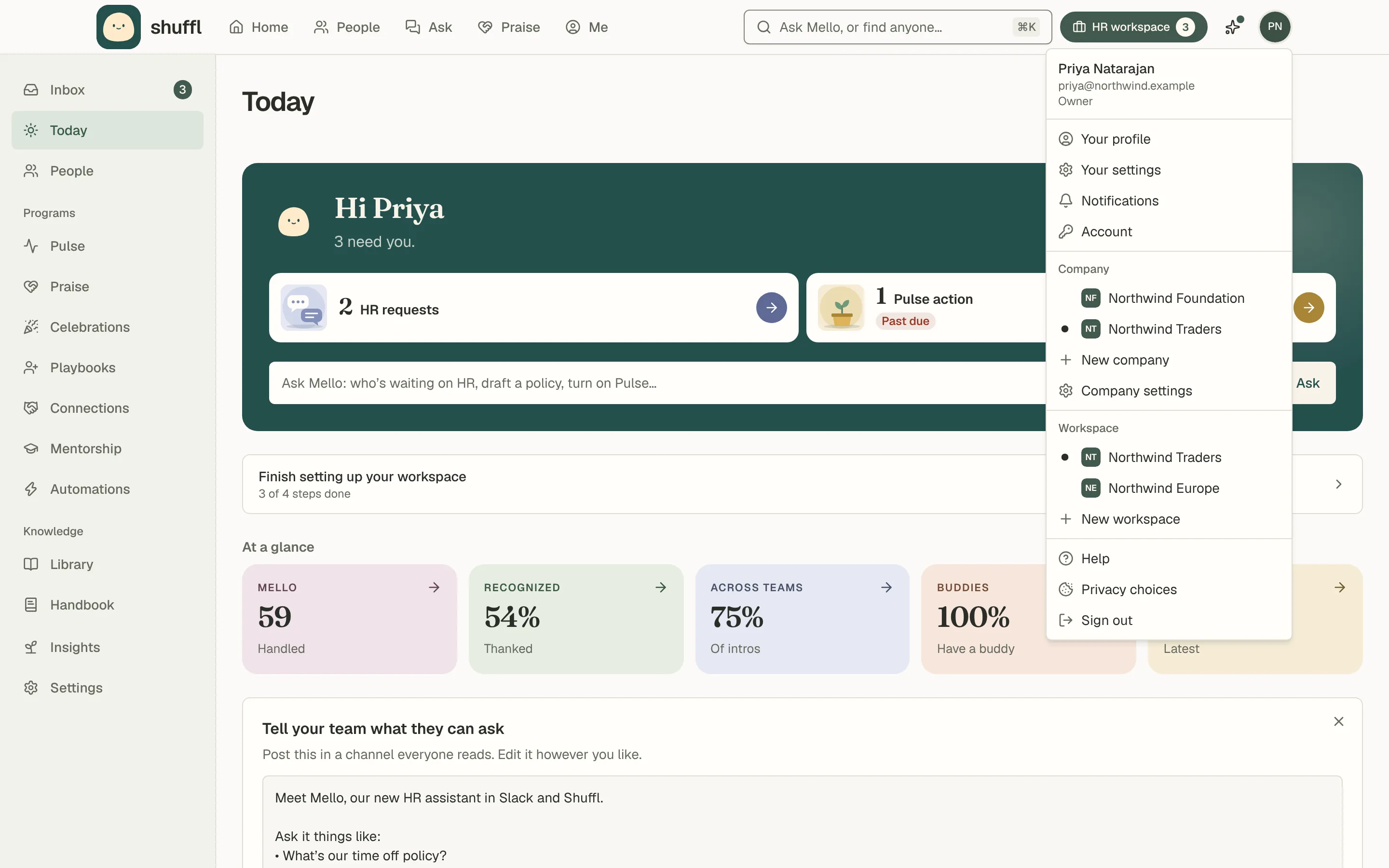 The account menu with the signed-in email, the company picker and the workspace picker.