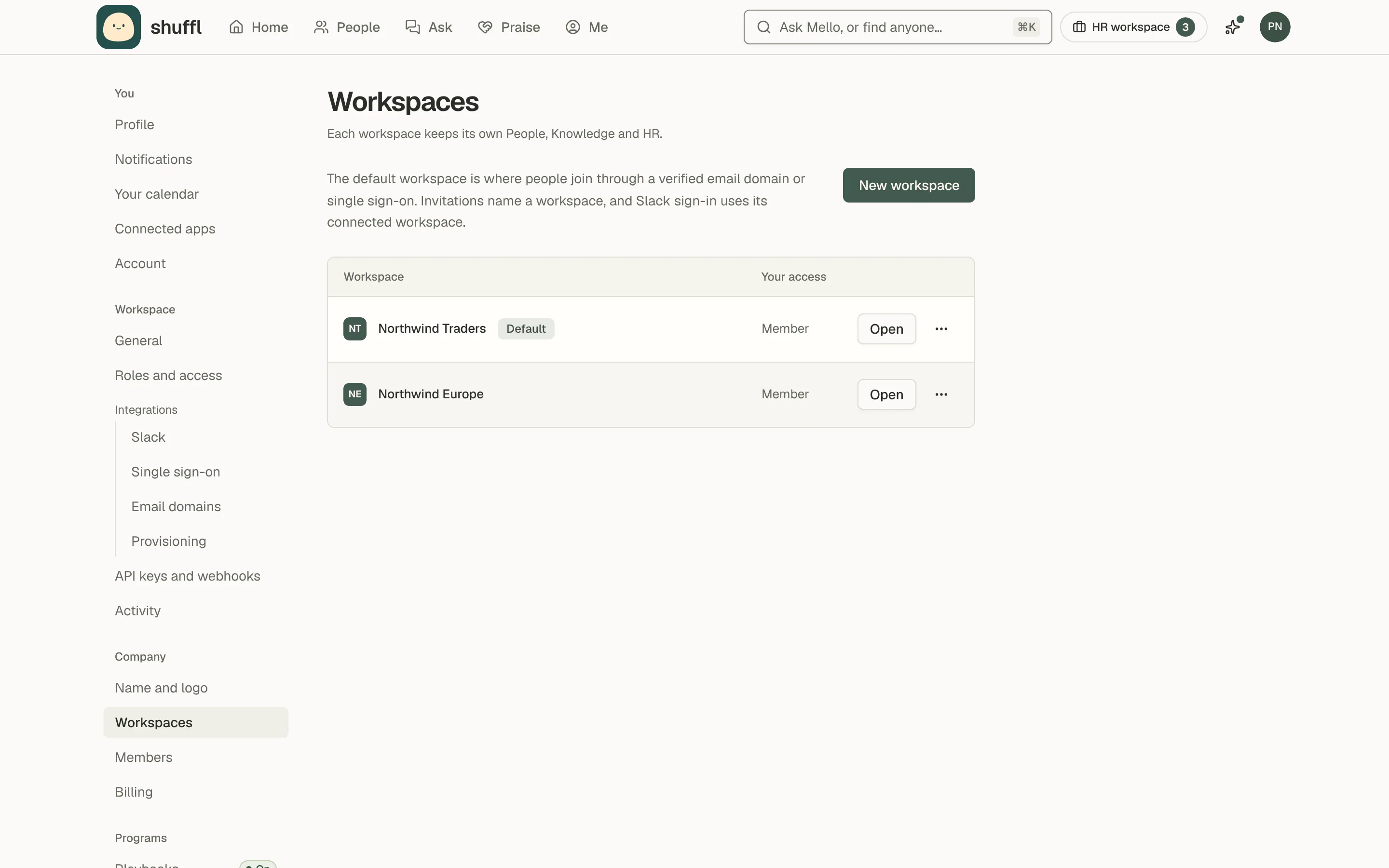 The Northwind Traders workspaces table, with a default workspace, a second workspace, an Open button and an actions menu on each row.