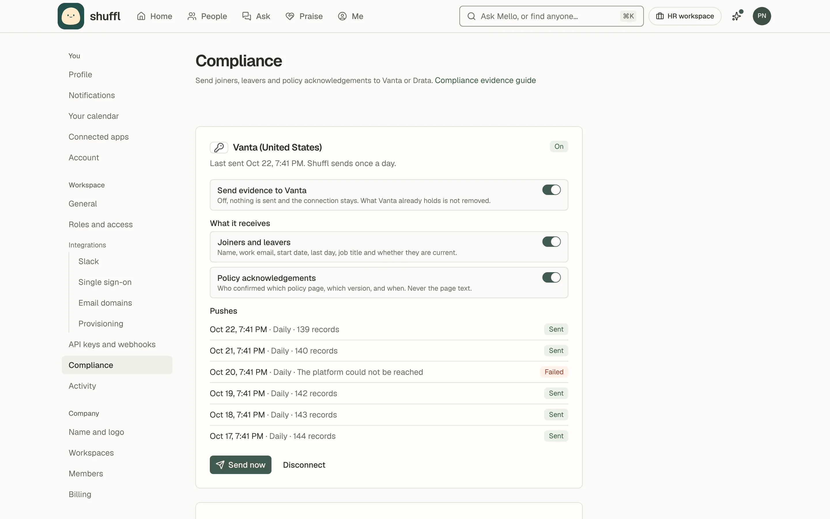 Settings → Compliance for Northwind Traders: a Vanta connection with Send evidence on, both kinds of evidence selected, Send now and Disconnect buttons, and a log of daily pushes with their record counts, one failed.