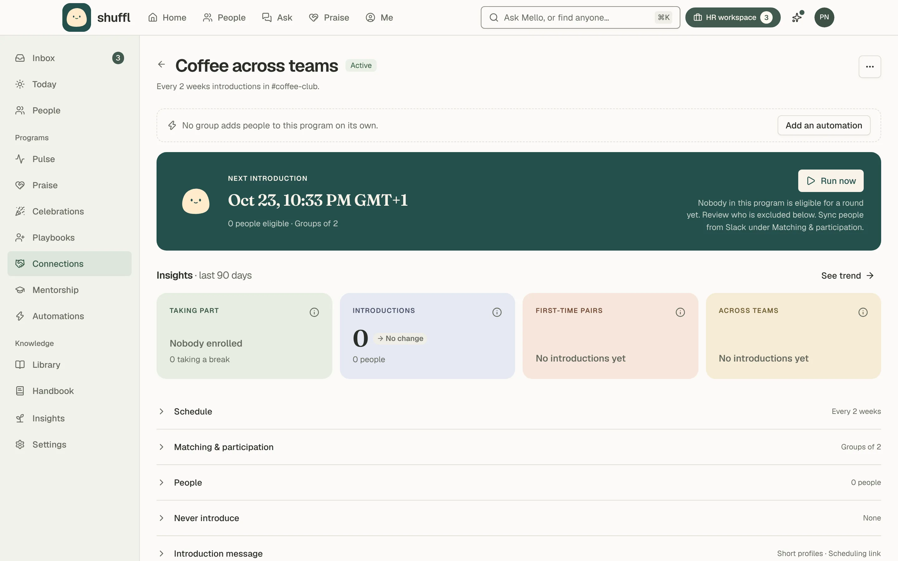 A Connections program page called Coffee across teams: the next introduction date, Run now and Preview groups buttons, cards for the schedule, matching and the introduction message, and the list of people taking part.