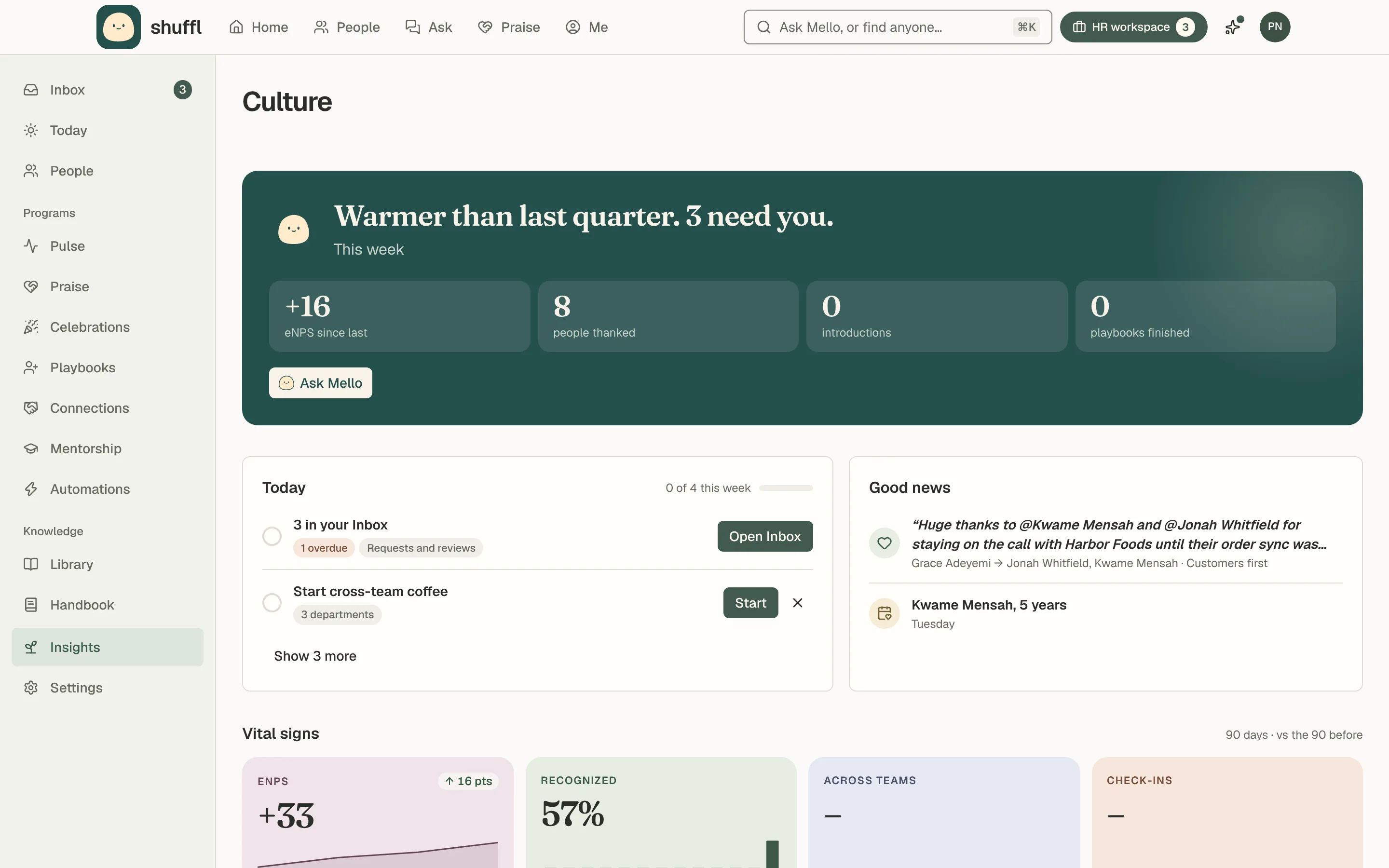 The Culture page: Mello’s green panel with a headline such as Warmer than last quarter and how many things in your Inbox need you, this week’s numbers and Ask Mello; then Today’s steps beside Good news; then four vital signs (eNPS, Recognized, Across teams and Check-ins); then four HR request tiles (Requests, First reply, Within target and Waiting); then Where to improve, a heatmap of departments against the company; then Playbooks in flight and Your company.