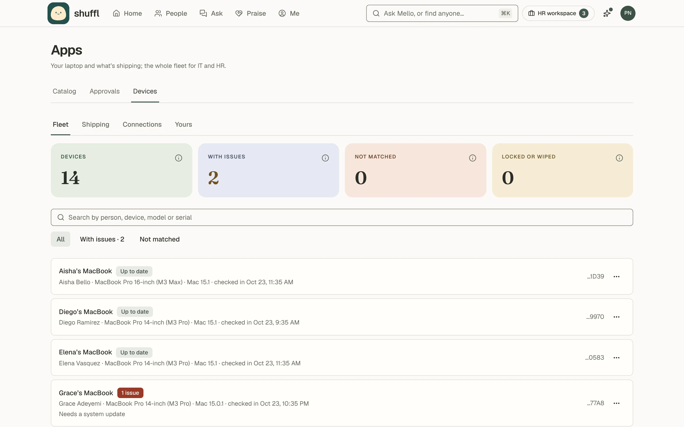 Apps → Devices for an administrator: figures for devices, devices with issues, not matched and locked or wiped, a search box, and a list of laptops with each person’s name, model, OS and an issue badge.