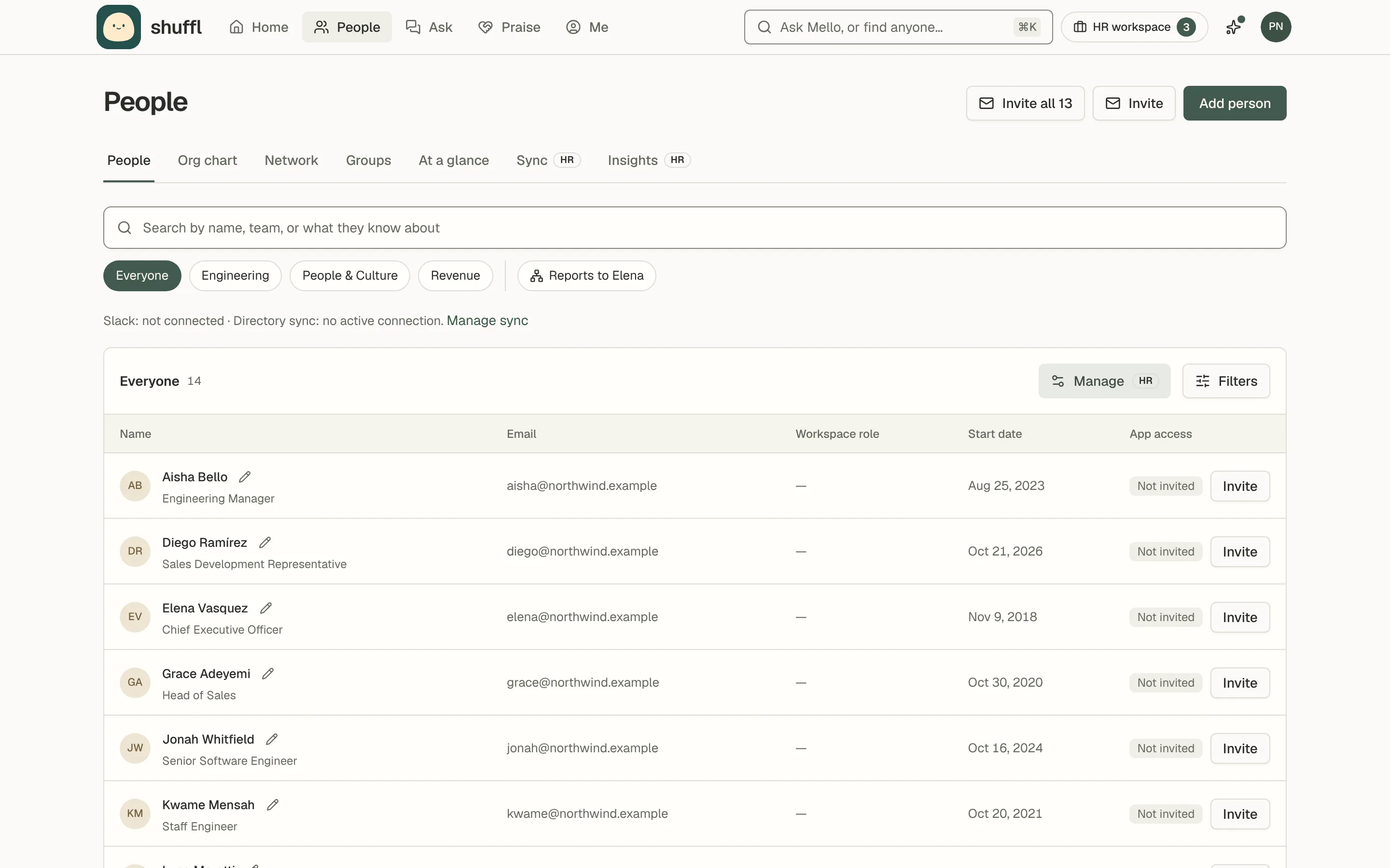 The People page for Northwind Traders: a searchable table of people with their title, team, manager and access state, and Invite and Add person buttons in the header.