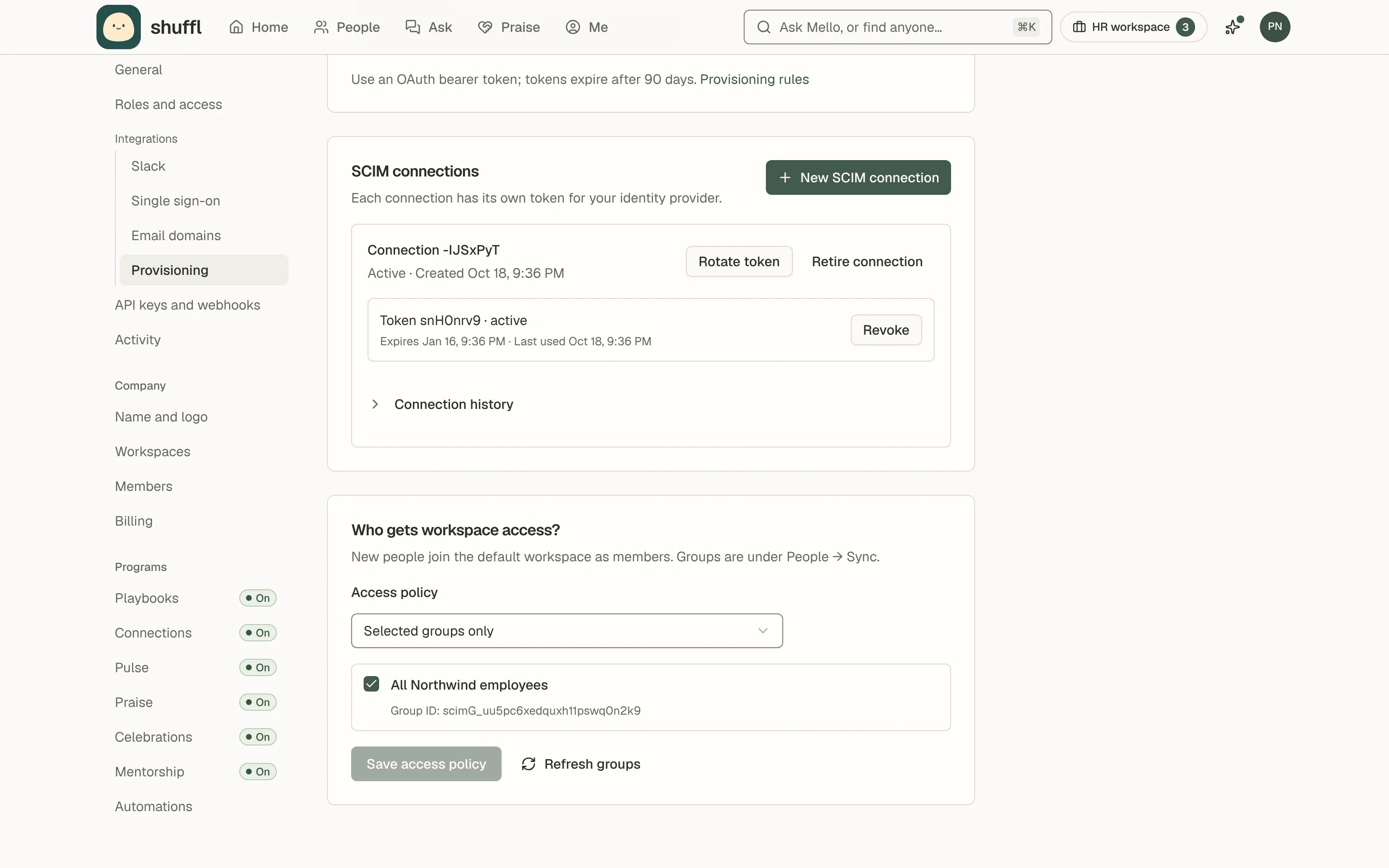 The Directory provisioning settings page: one active SCIM connection with its token’s expiry date and Rotate token and Retire connection buttons, and an access policy set to Selected groups only with one group ticked.