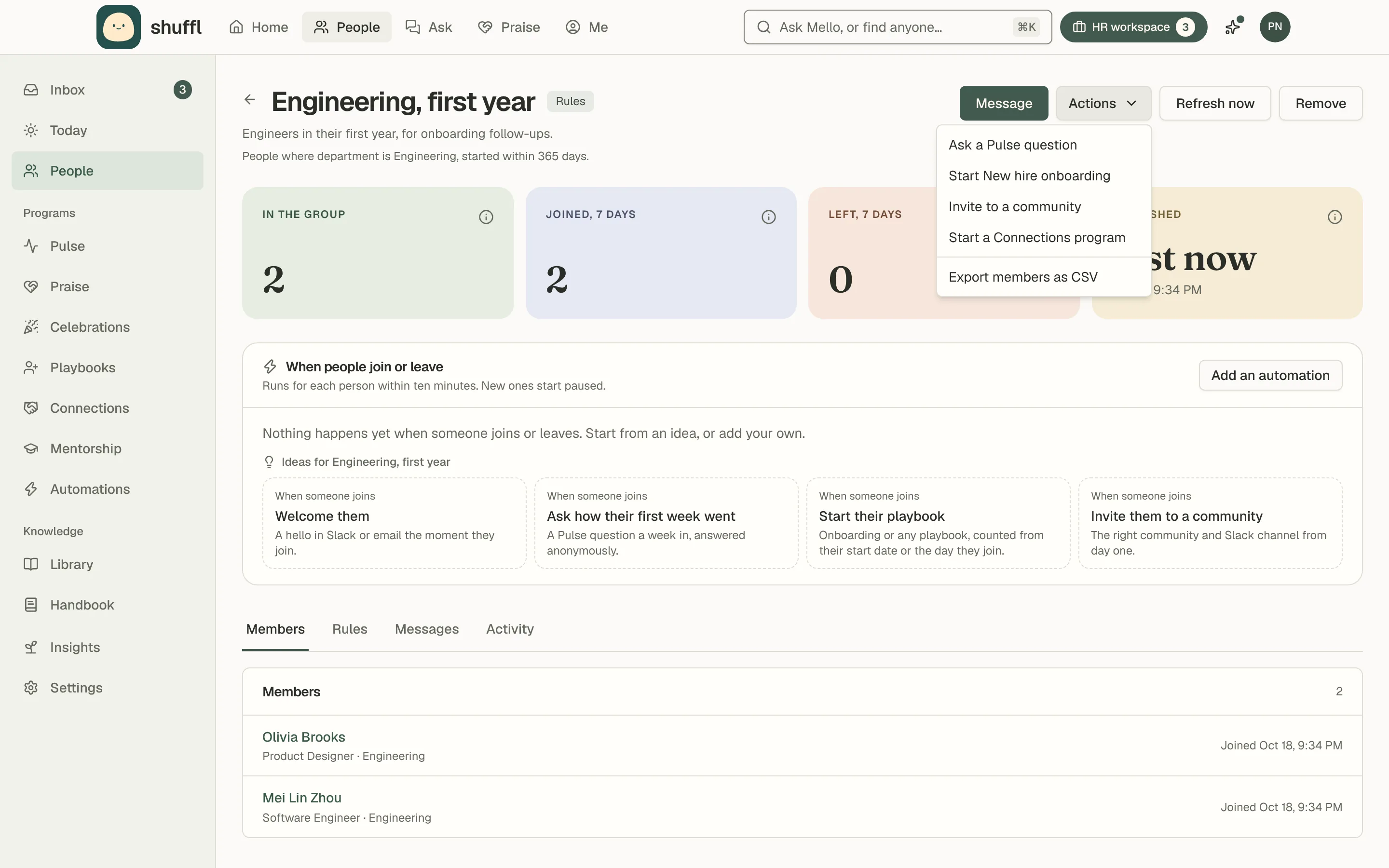 The page of a group called Engineering, first year with its Actions menu open: Ask a Pulse question, Start New hire onboarding, Invite to a community, Start a Connections program and, under a line, Export members as CSV.