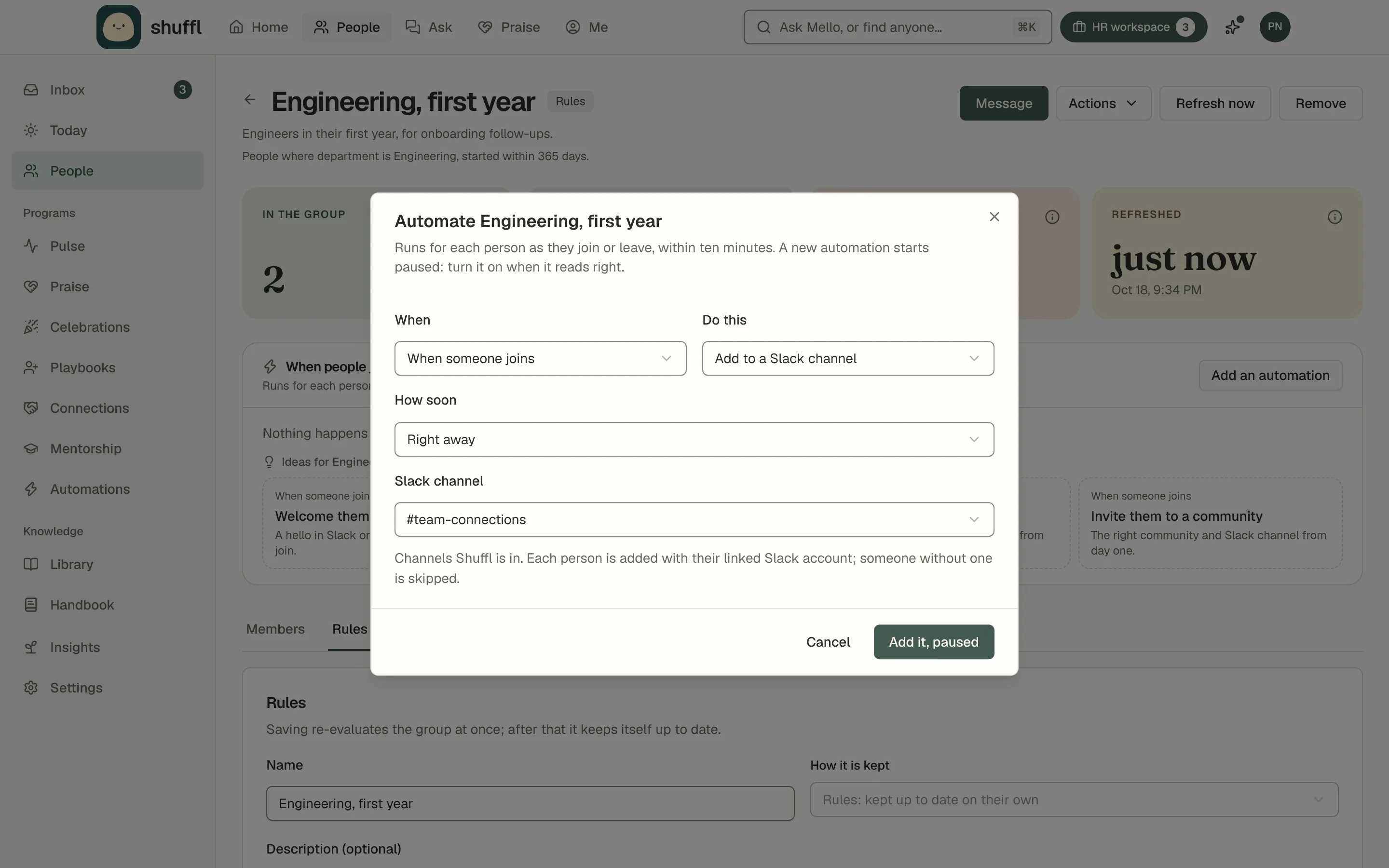 The Automate dialog on a group’s page: When set to When someone joins, Do this set to Add to a Slack channel, How soon set to Right away, and a Slack channel reading #team-connections, with a line saying each person is added with their linked Slack account.