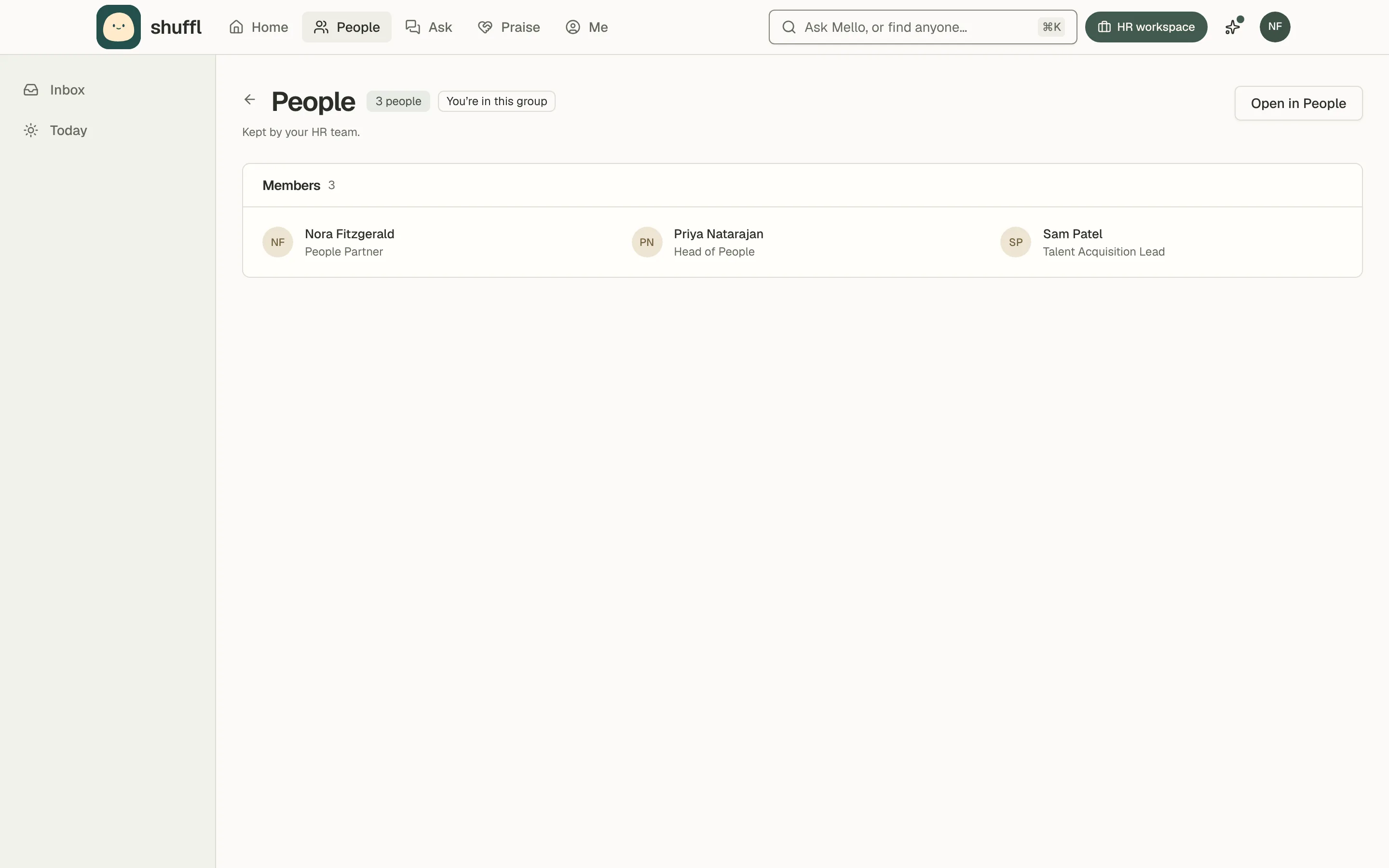 The People group’s page as one of its members sees it: the name, You’re in this group, an Open in People button and a Members list with each person’s photo, name and job title.